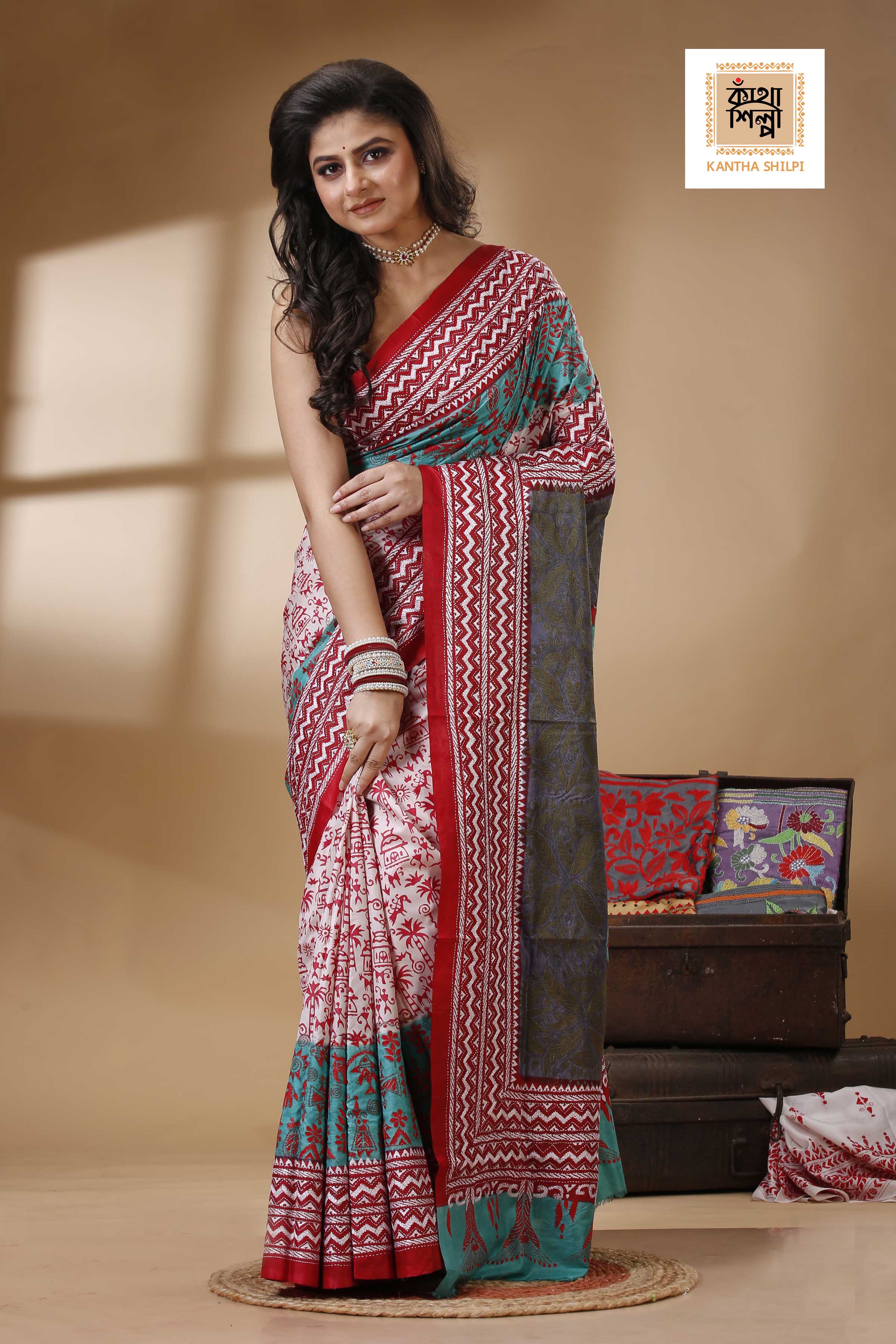 Pure Bangalore Silk Multicolor Thread Work Block and Geometric Pattern Kantha Stitch Fusion Saree