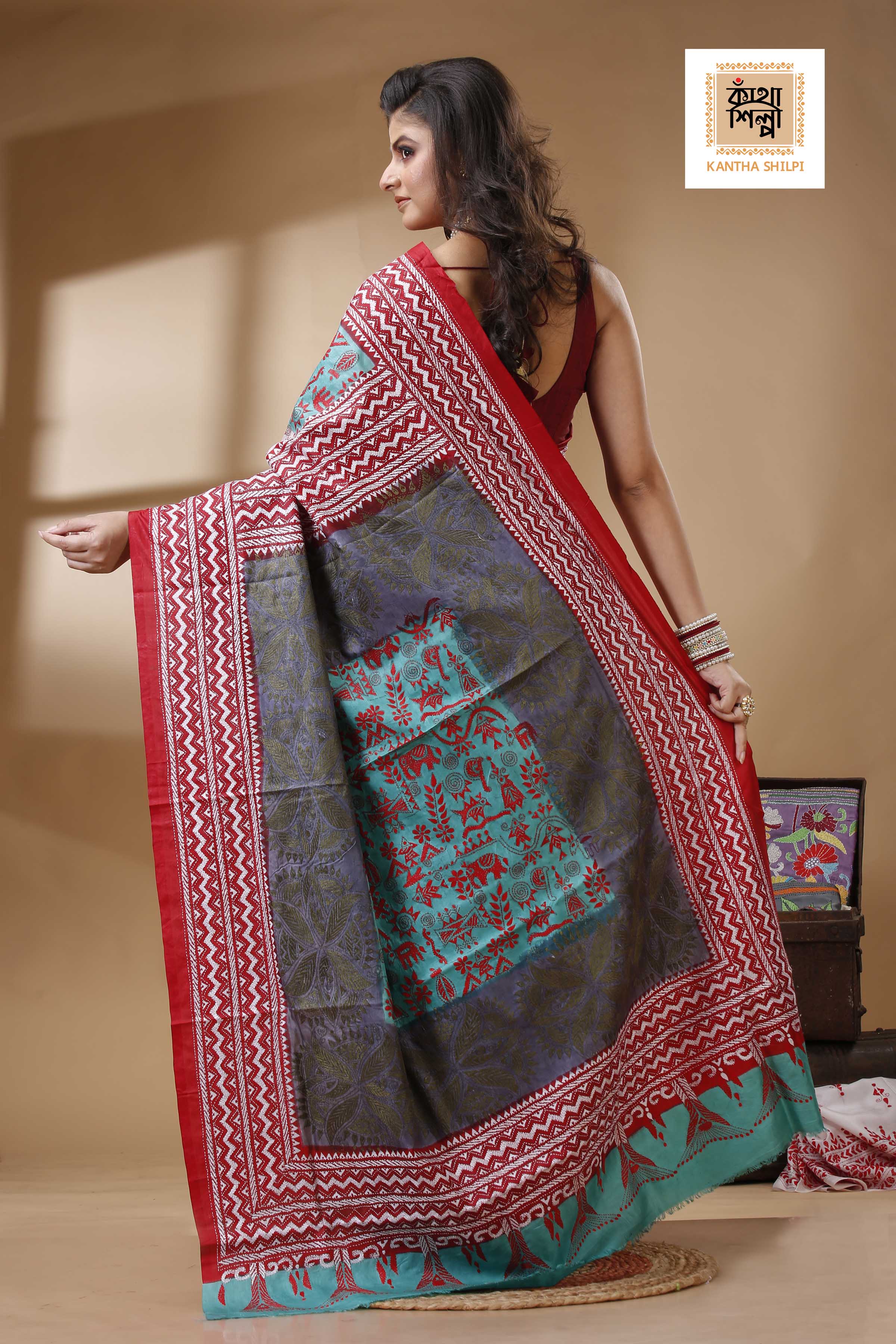 Pure Bangalore Silk Multicolor Thread Work Block and Geometric Pattern Kantha Stitch Fusion Saree