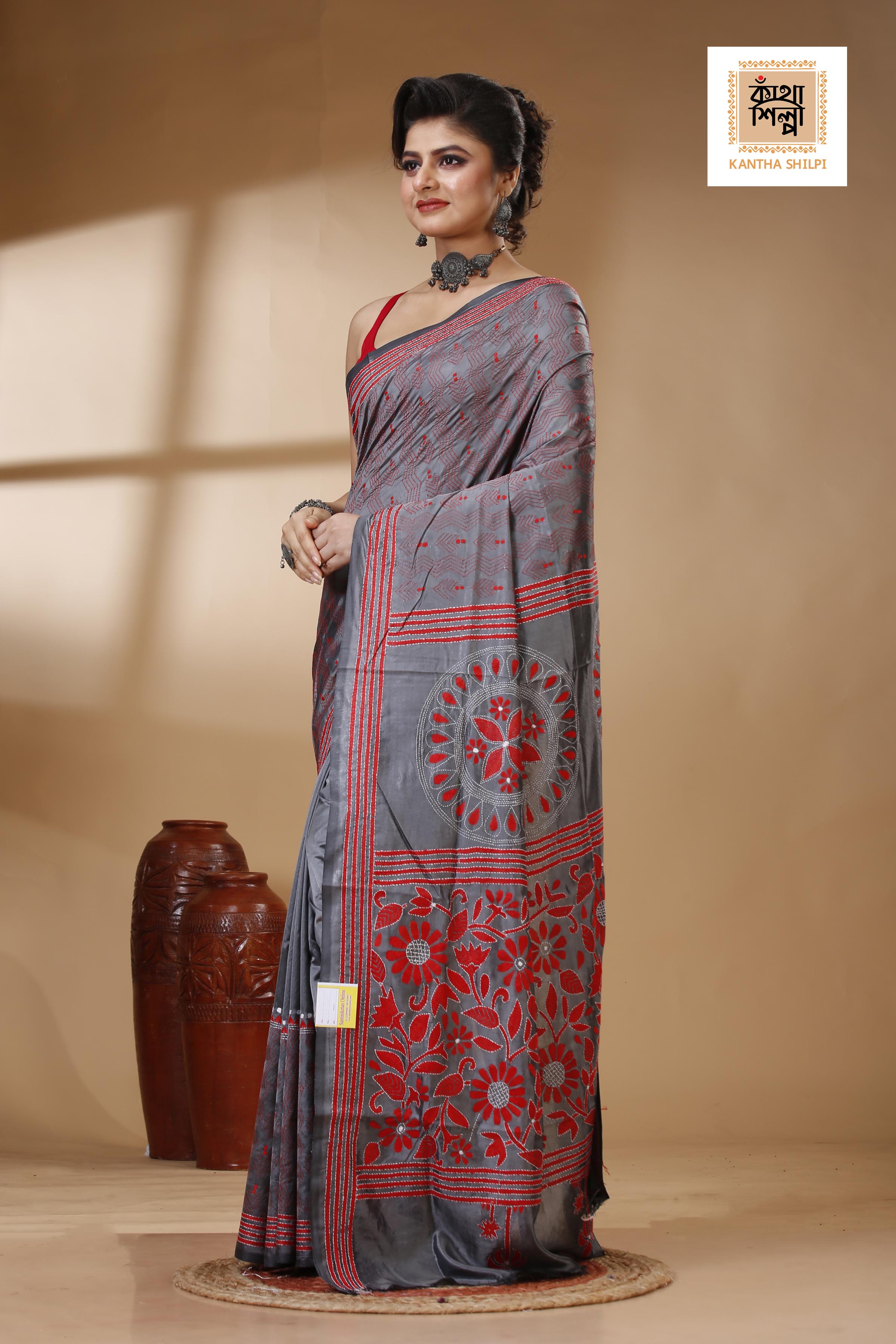 Gray Color Bangalore Silk Red White color Thread Work Kantha Stitch Saree