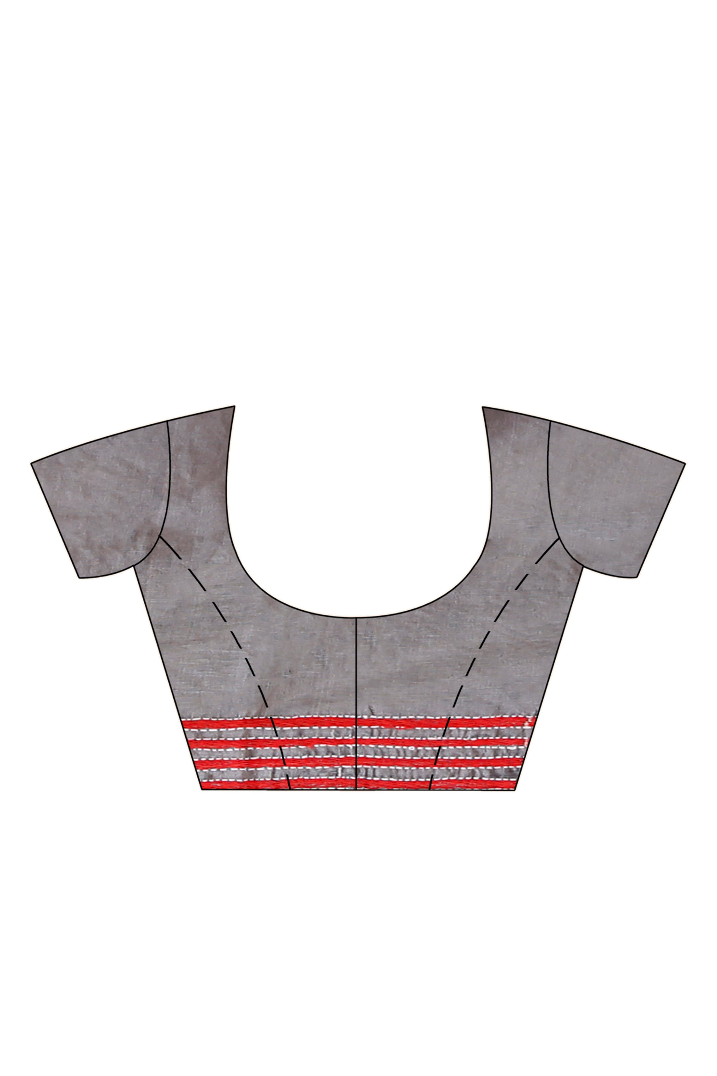 Gray Color Bangalore Silk Red White color Thread Work Kantha Stitch Saree