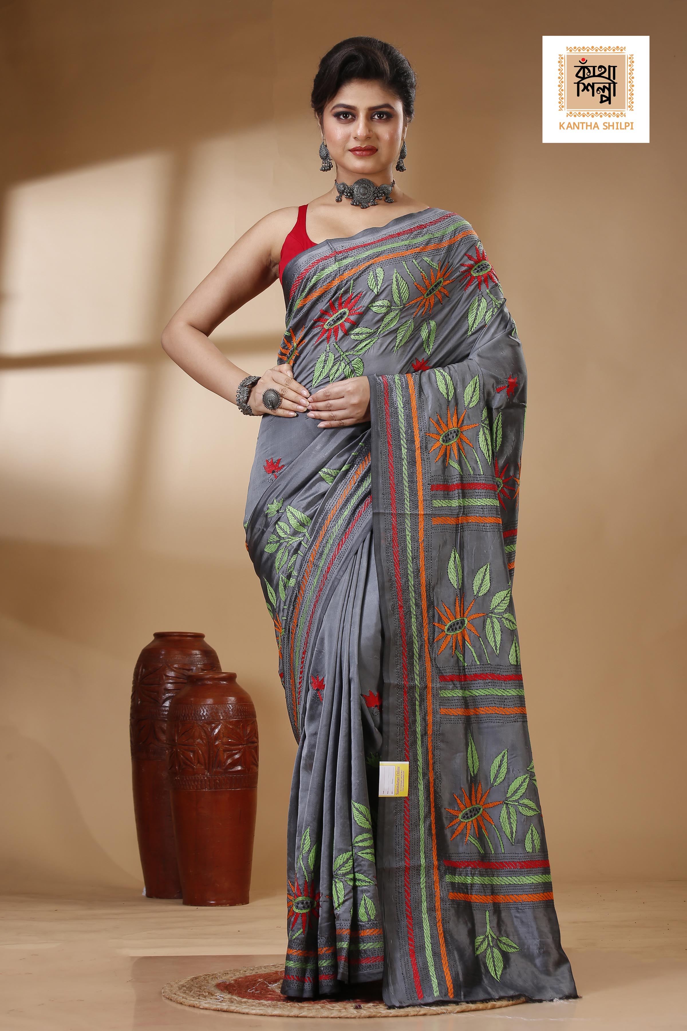 Gray Color Bangalore Silk Multicolor Thread Work Kantha Stitch Saree
