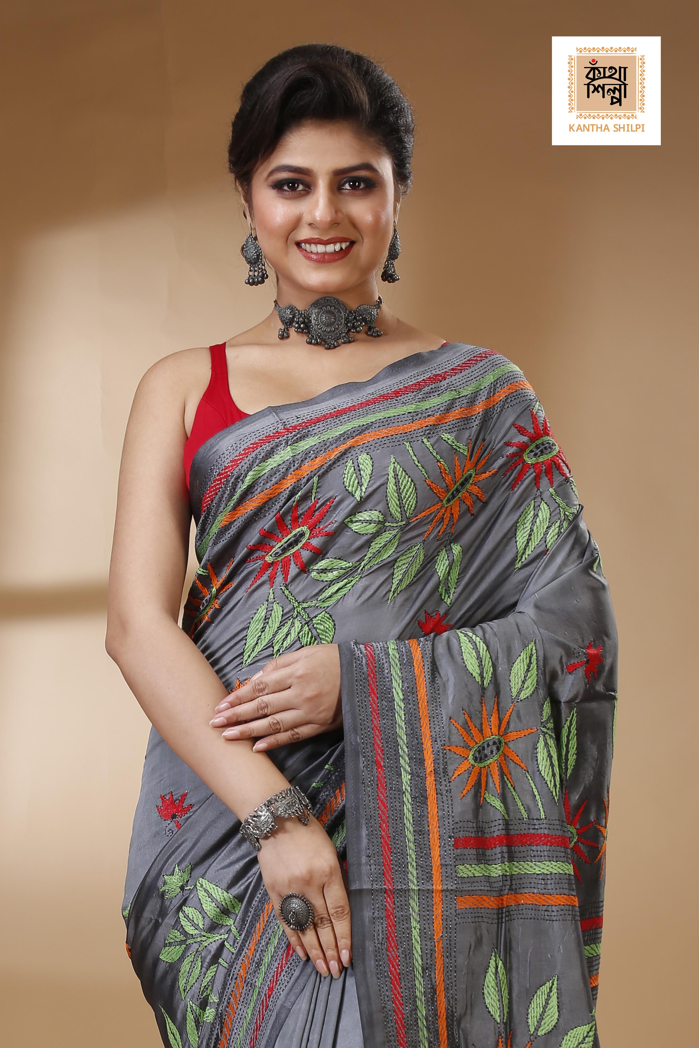 Gray Color Bangalore Silk Multicolor Thread Work Kantha Stitch Saree