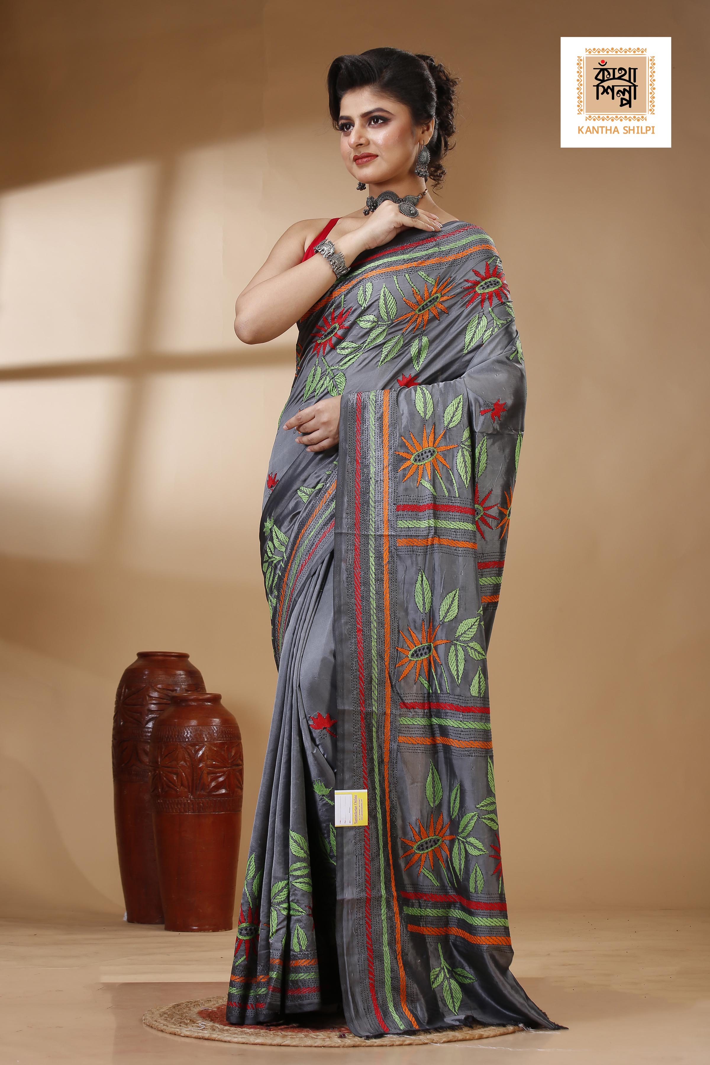 Gray Color Bangalore Silk Multicolor Thread Work Kantha Stitch Saree