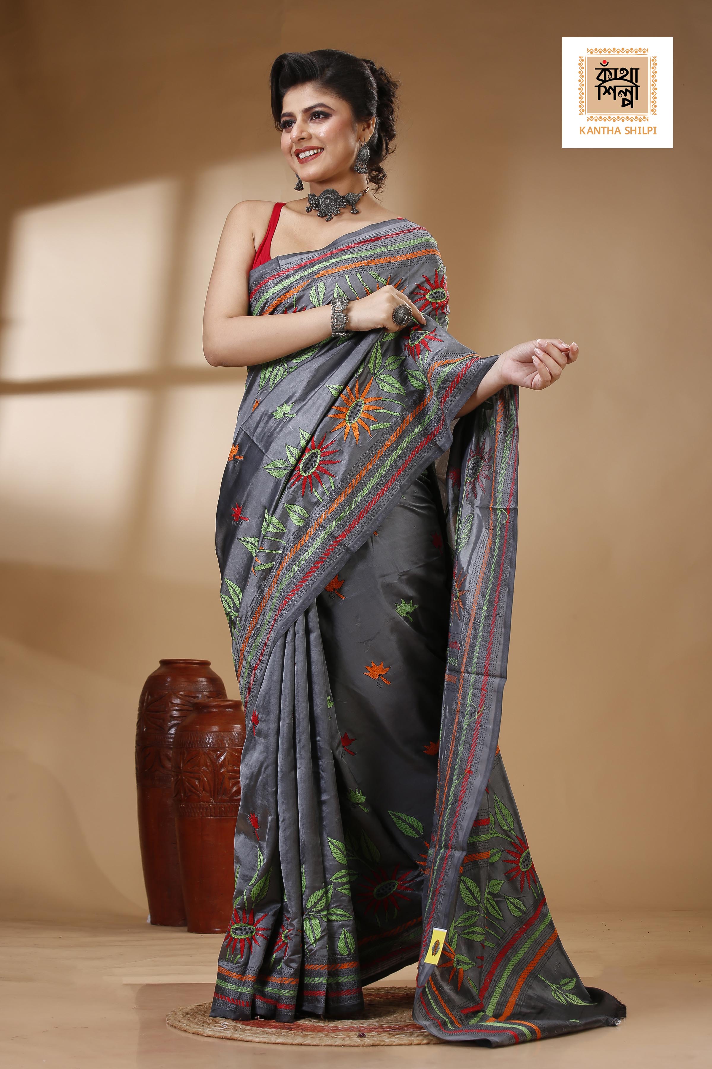 Gray Color Bangalore Silk Multicolor Thread Work Kantha Stitch Saree