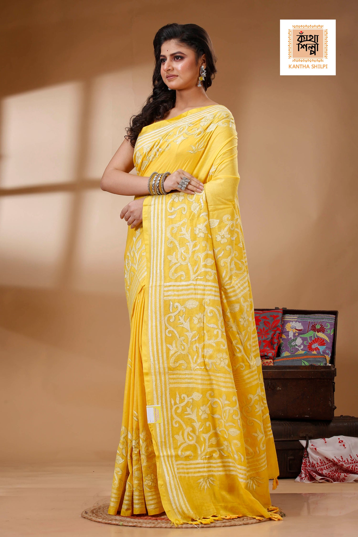 Yellow Color Pure Cotton with White Thread Work Kantha Stitch Saree