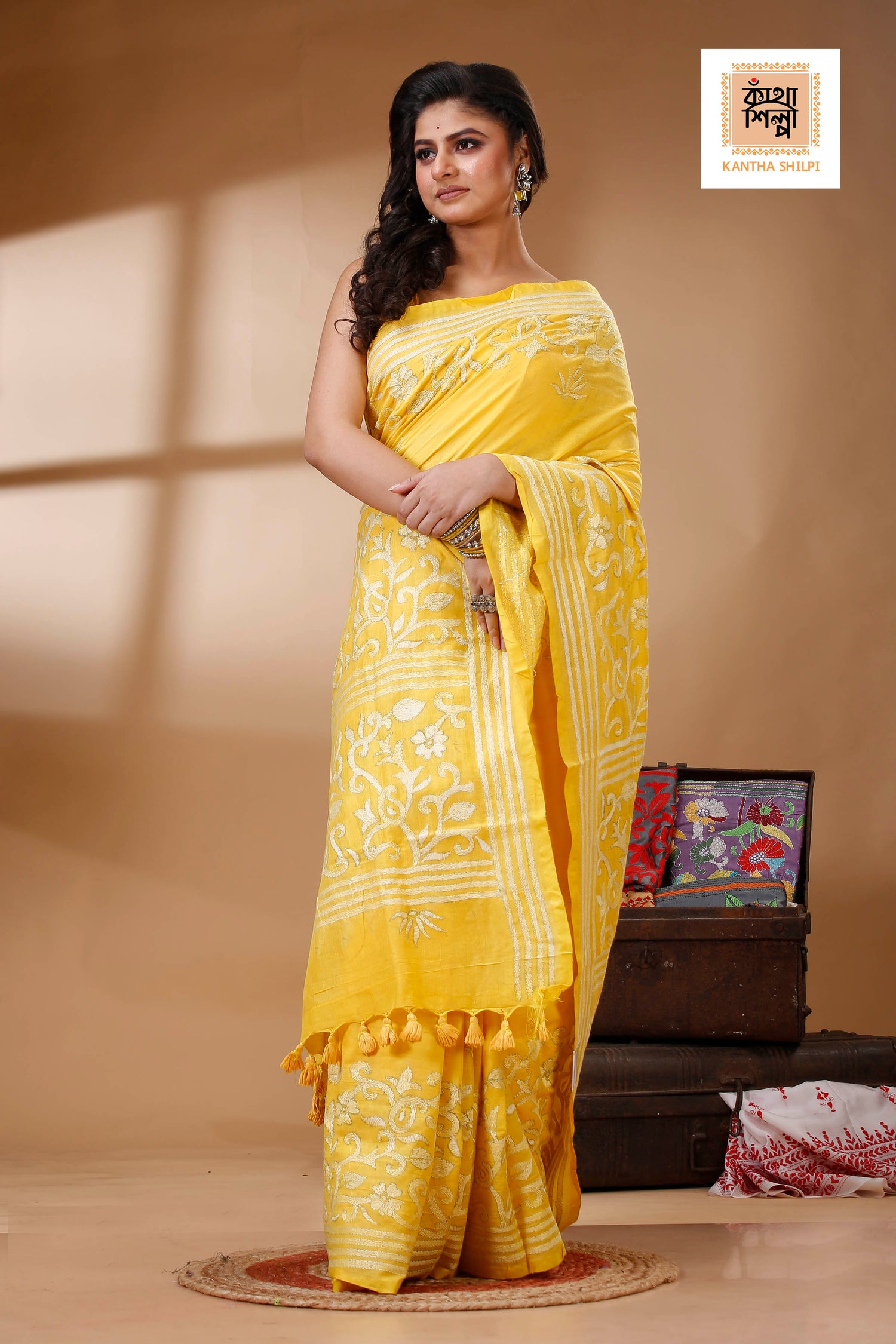 Yellow Color Pure Cotton with White Thread Work Kantha Stitch Saree