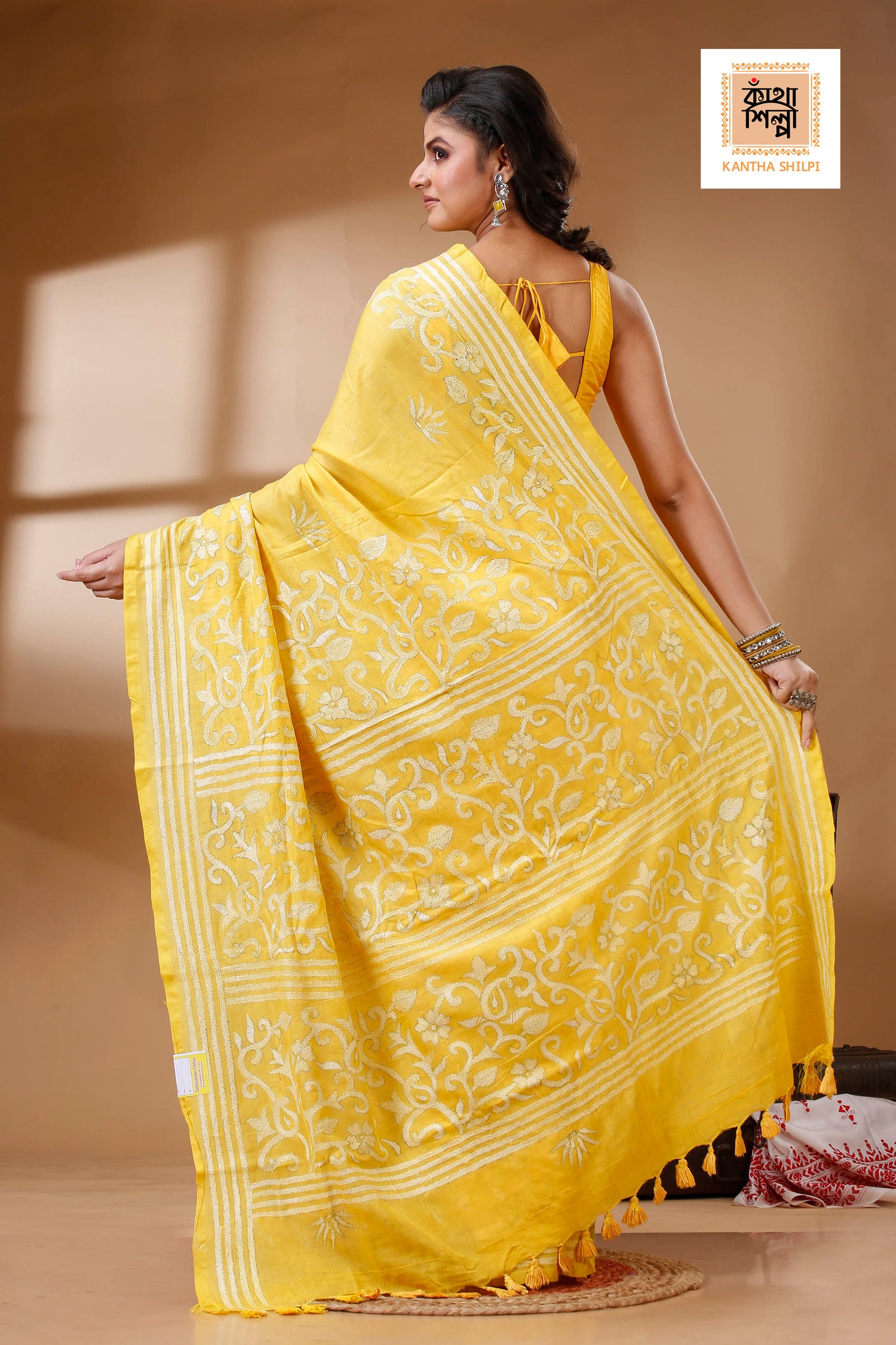 Yellow Color Pure Cotton with White Thread Work Kantha Stitch Saree