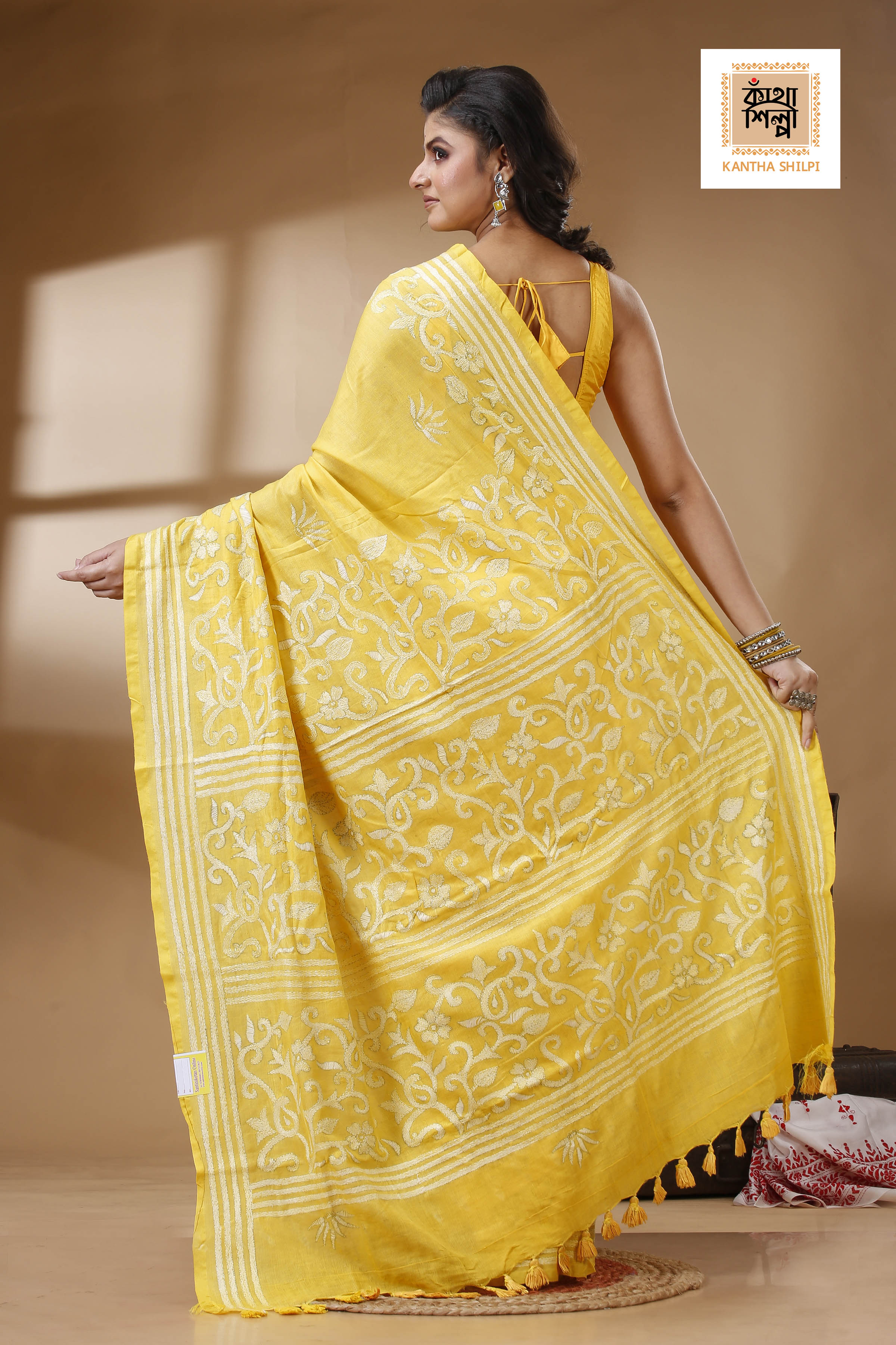 Yellow Color Pure Cotton with White Thread Work Kantha Stitch Saree