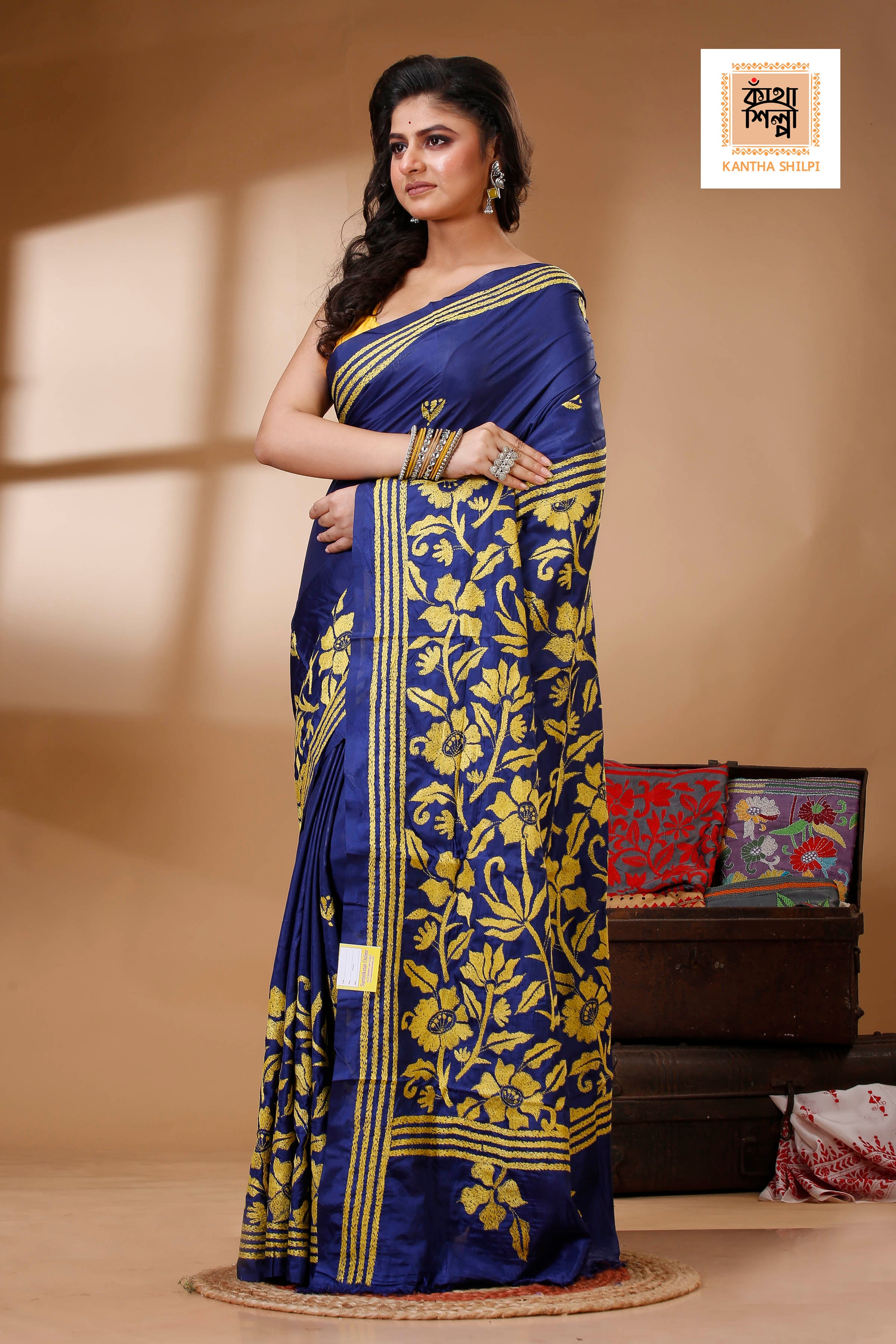 Blue Color Bangalore Silk Yellow color Thread Work Kantha Stitch Saree