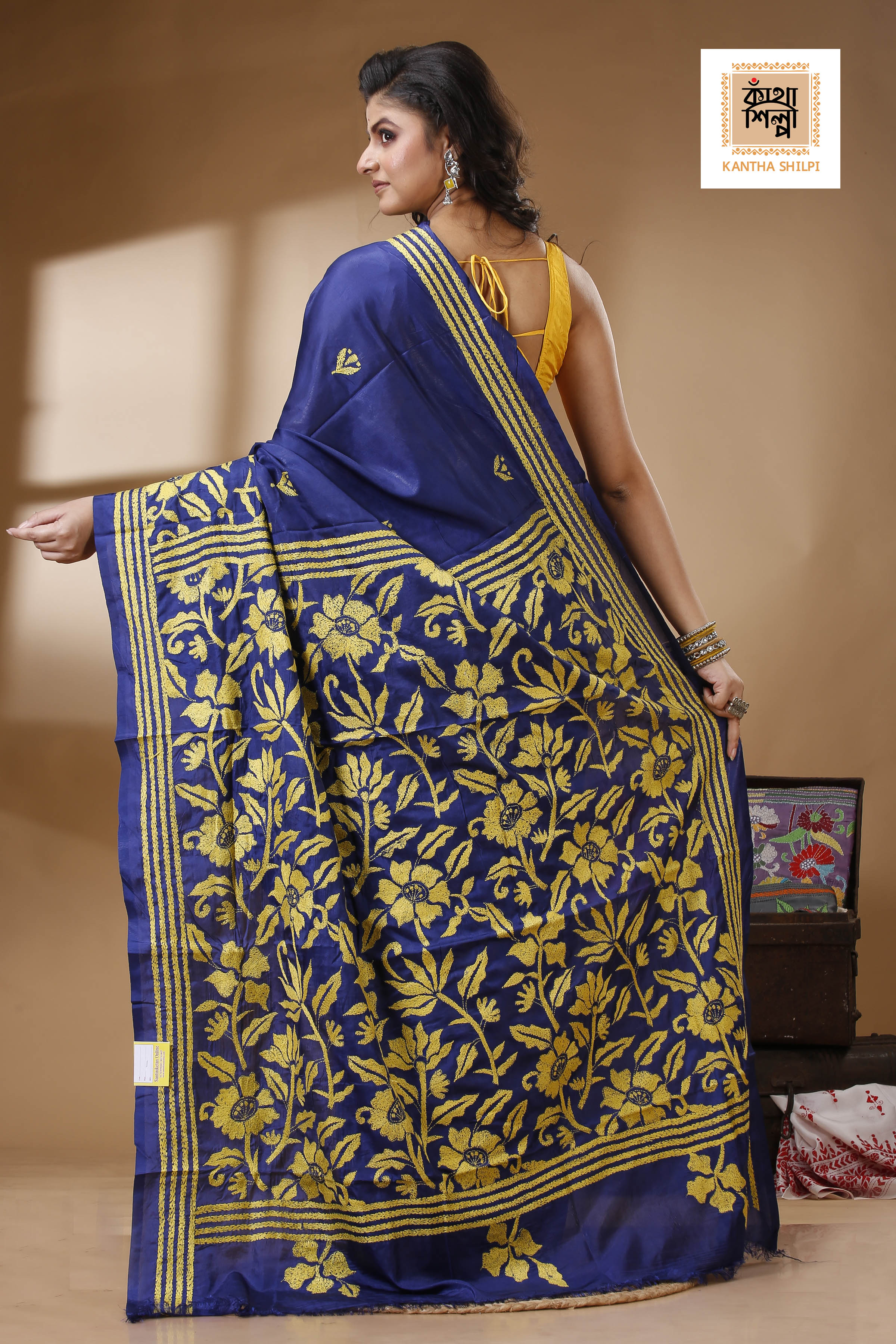 Blue Color Bangalore Silk Yellow color Thread Work Kantha Stitch Saree