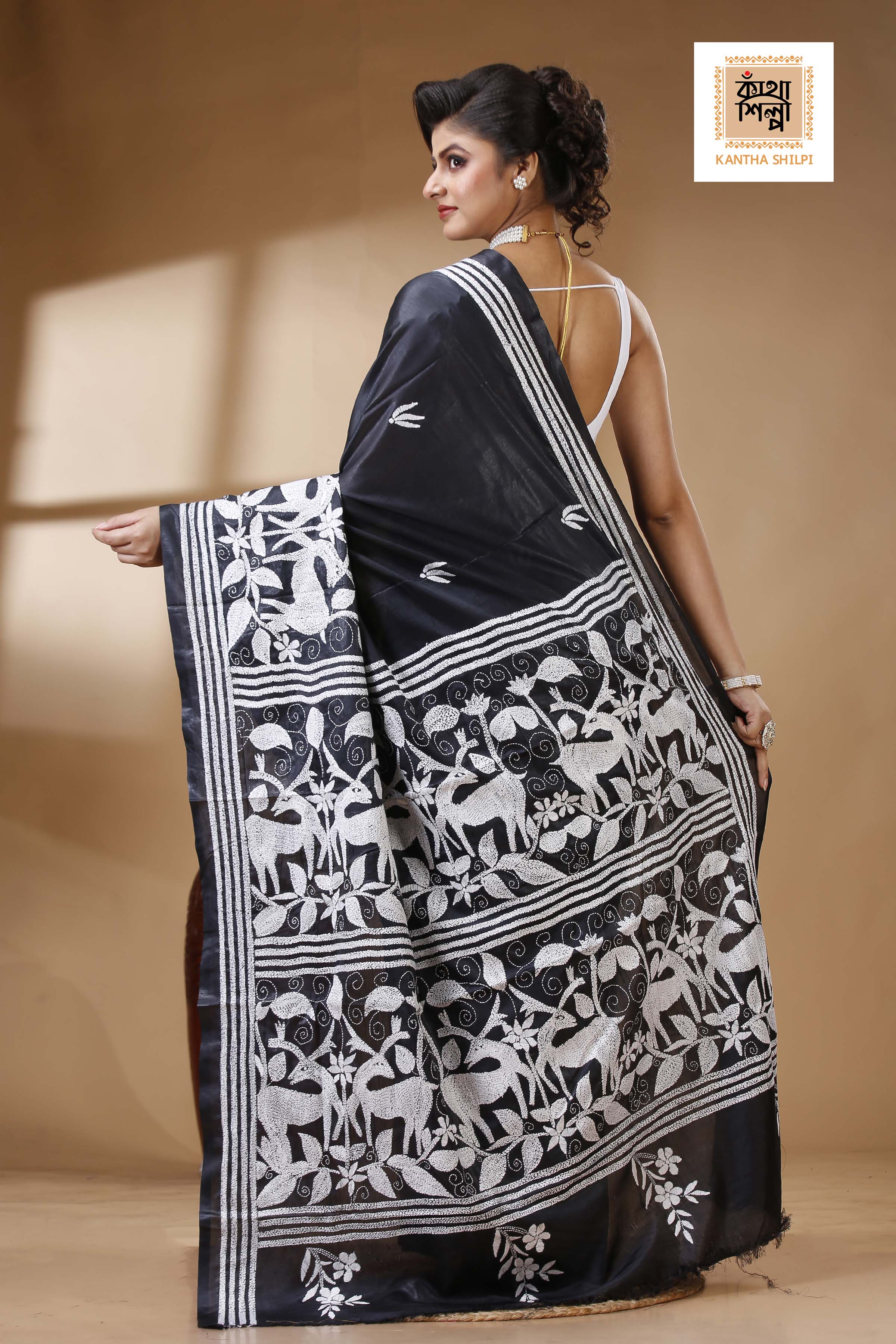 Black Color Bangalore Silk White color Thread Work Kantha Stitch Saree