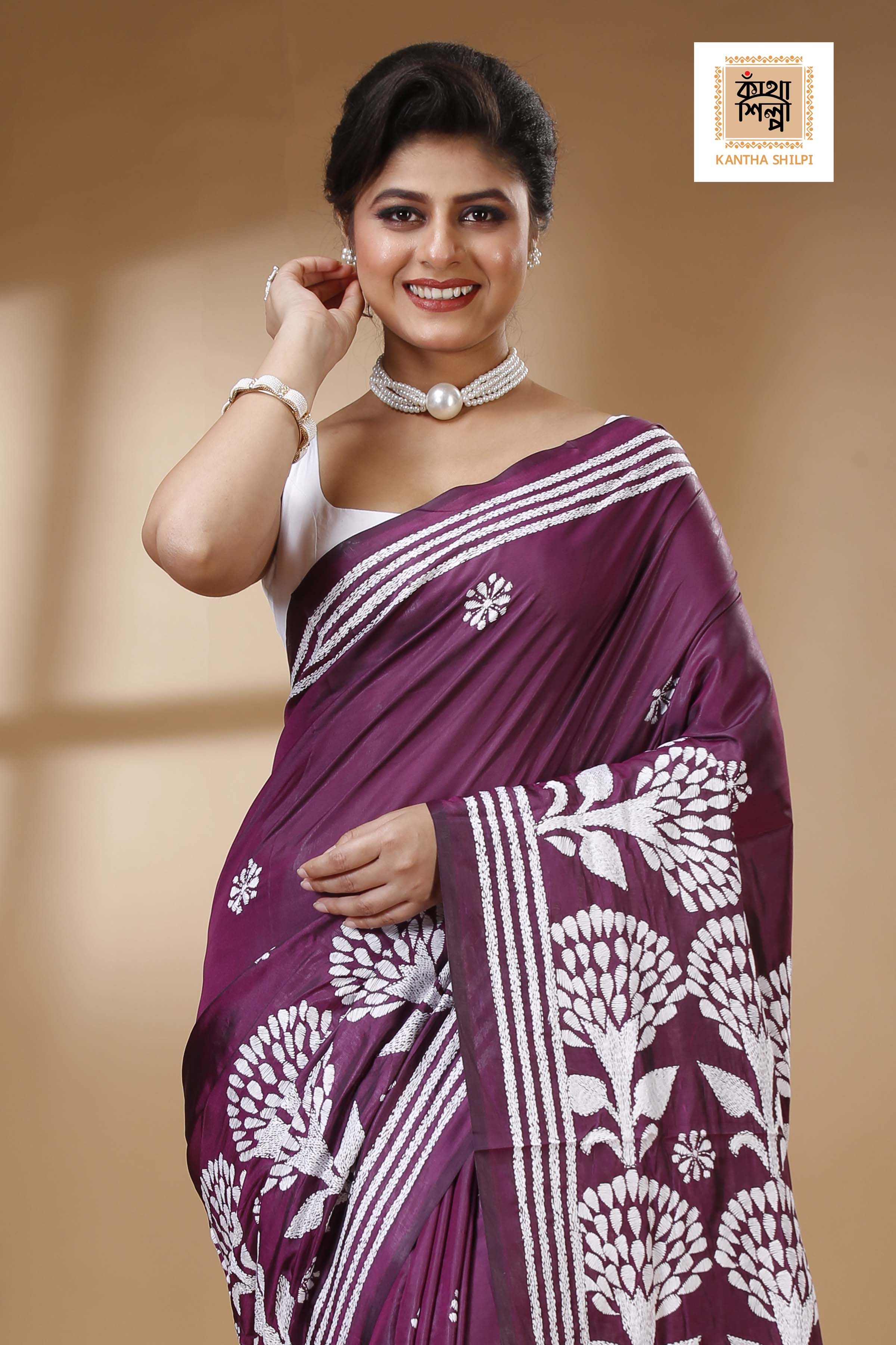 Wine Color Bangalore Silk White color Thread Work Kantha Stitch Saree