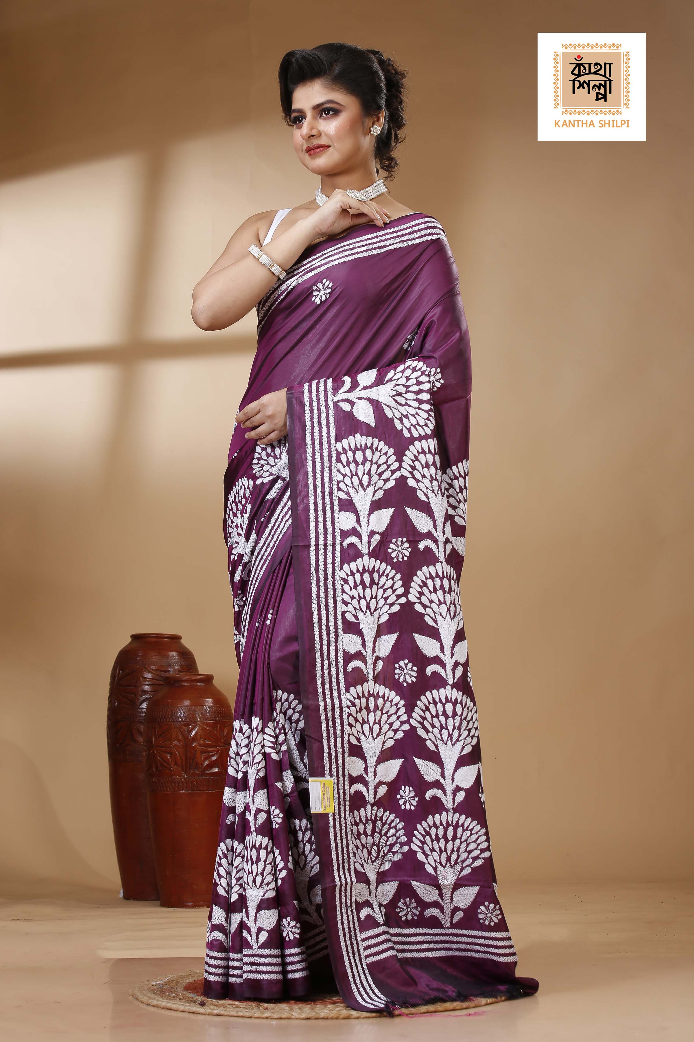 Wine Color Bangalore Silk White color Thread Work Kantha Stitch Saree