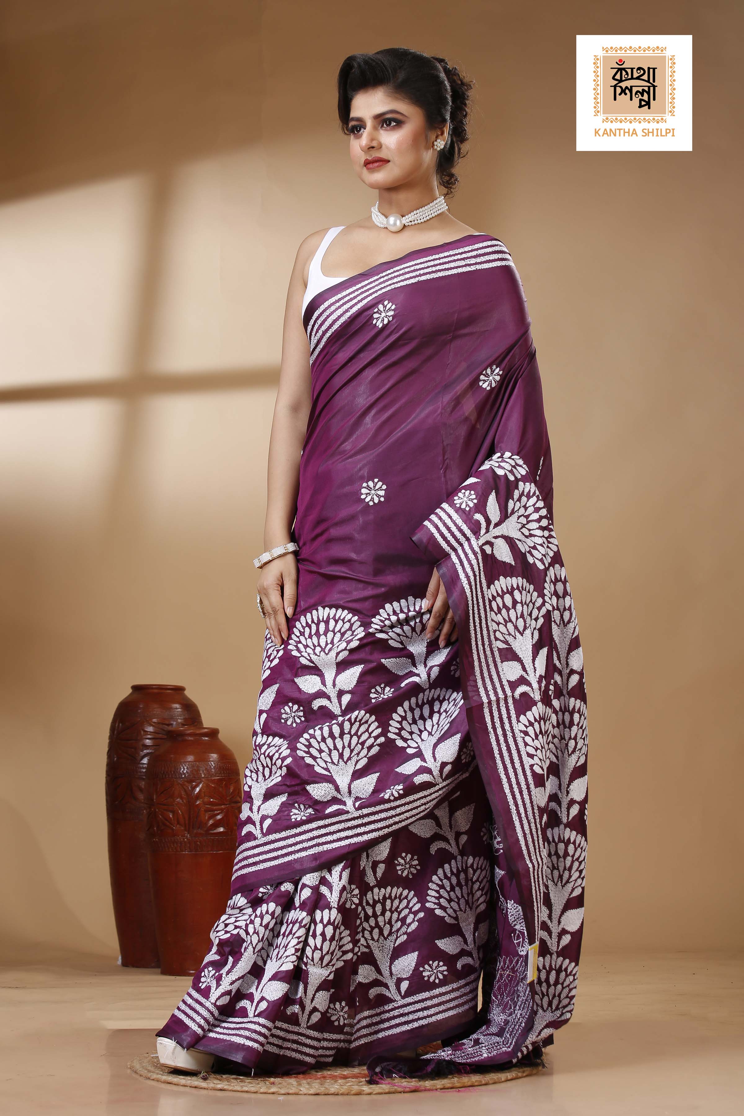Wine Color Bangalore Silk White color Thread Work Kantha Stitch Saree