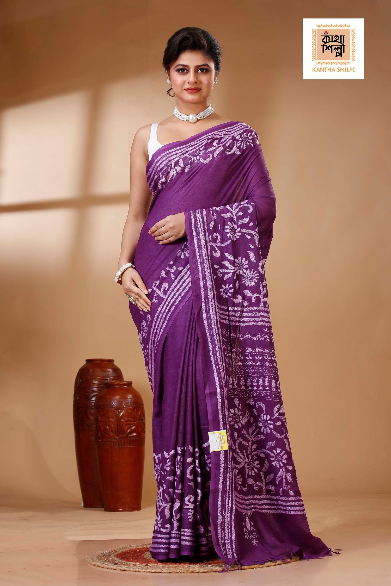 Purple Color Pure Cotton with White Thread Work Kantha Stitch Saree