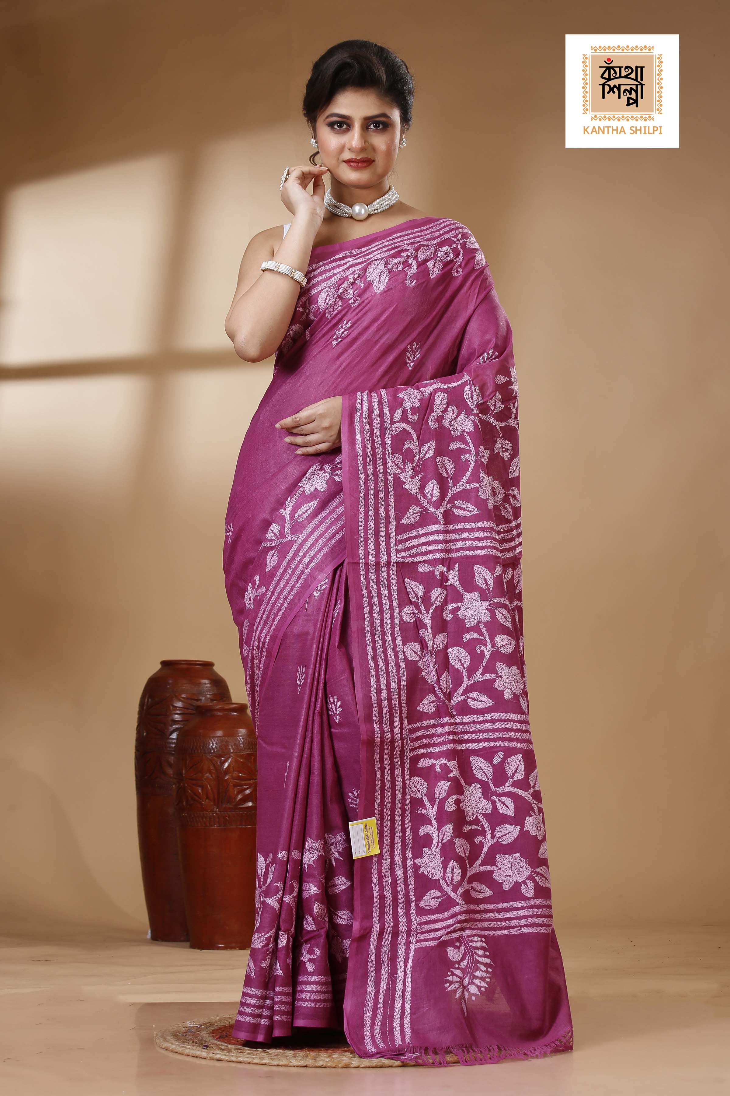 Rich Maroon Color Pure Cotton with White Thread Work Kantha Stitch Saree