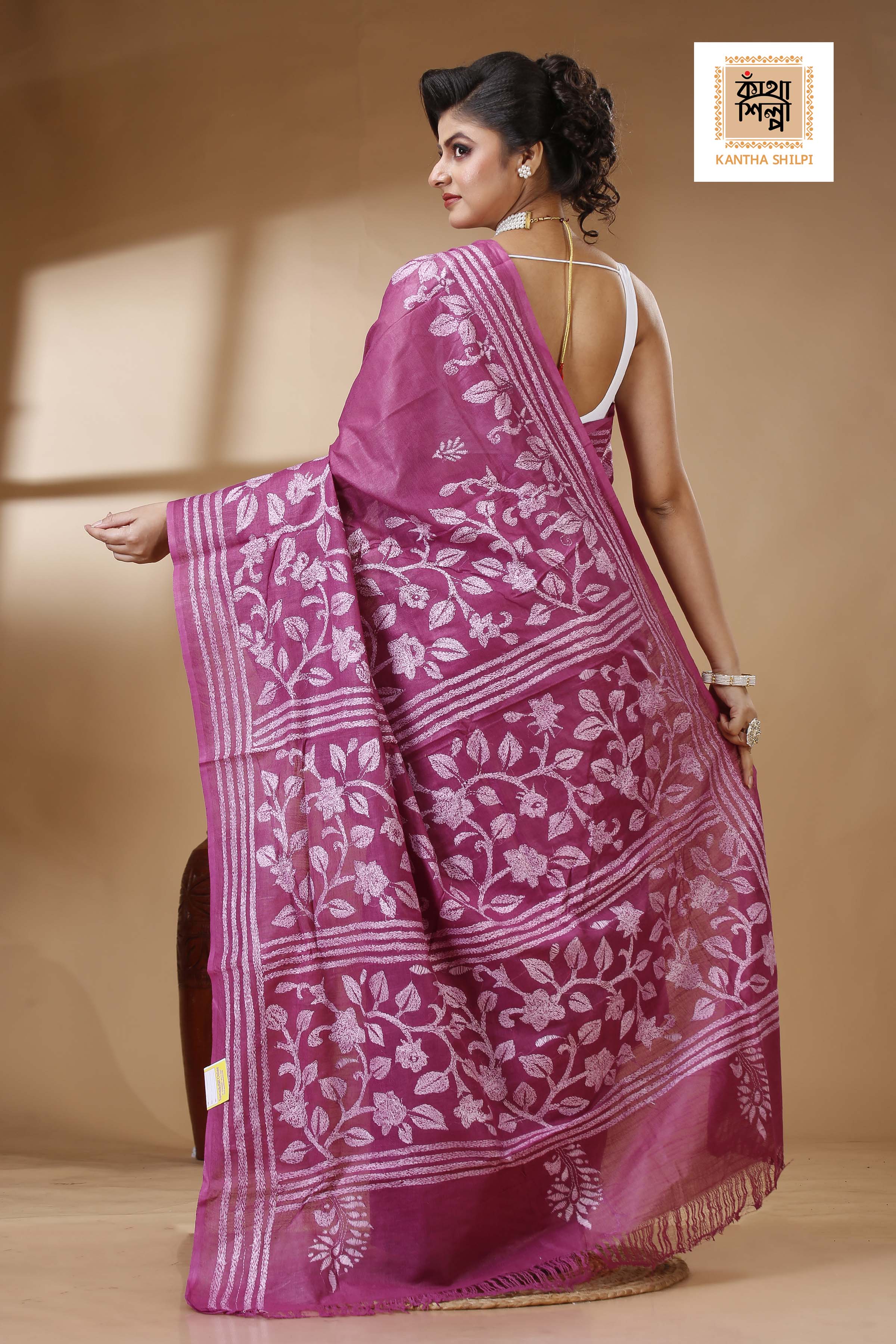 Rich Maroon Color Pure Cotton with White Thread Work Kantha Stitch Saree