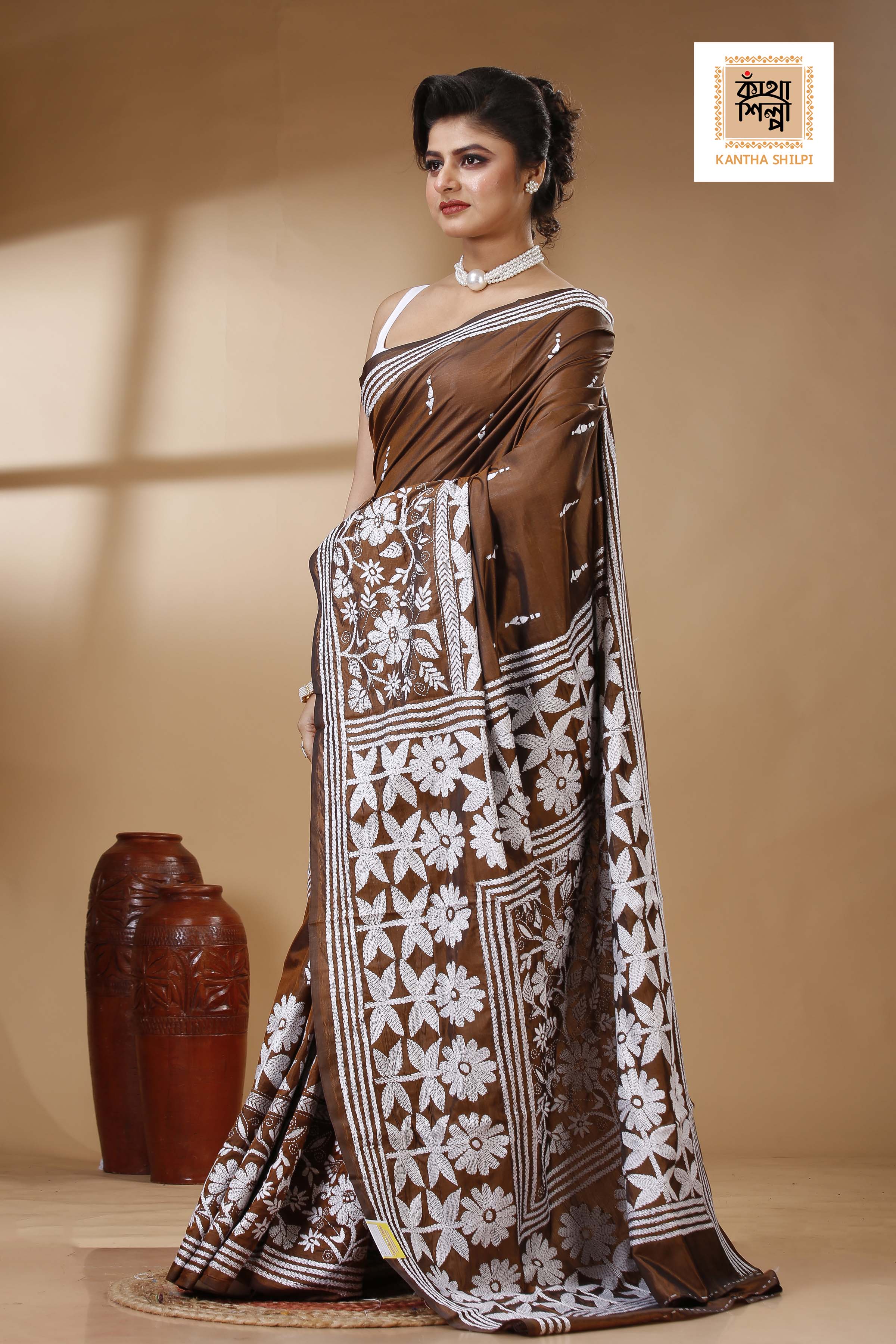 Brown Color Bangalore Silk White color Thread Work Kantha Stitch Saree