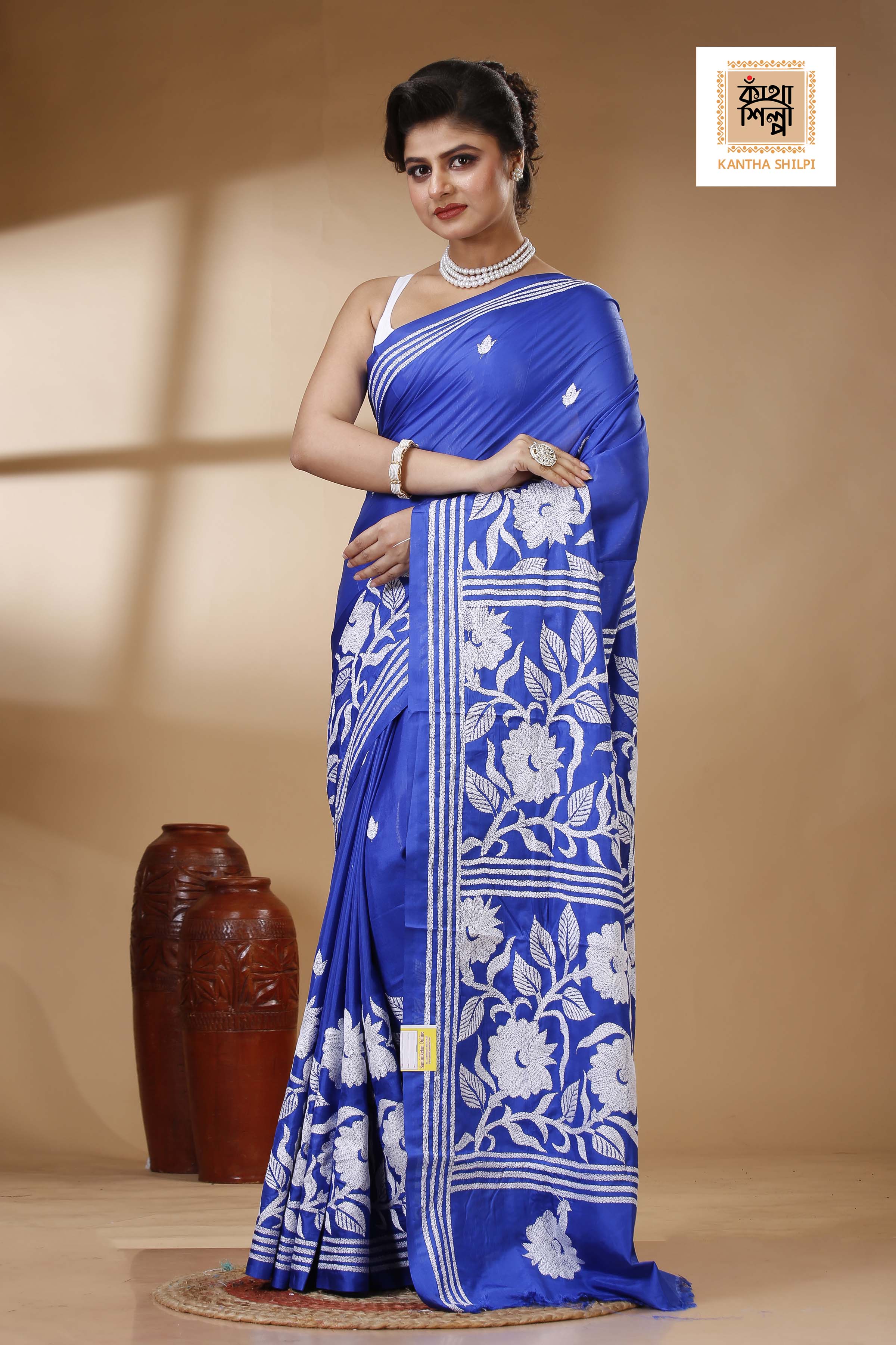Blue Color Bangalore Silk White color Thread Work Kantha Stitch Saree