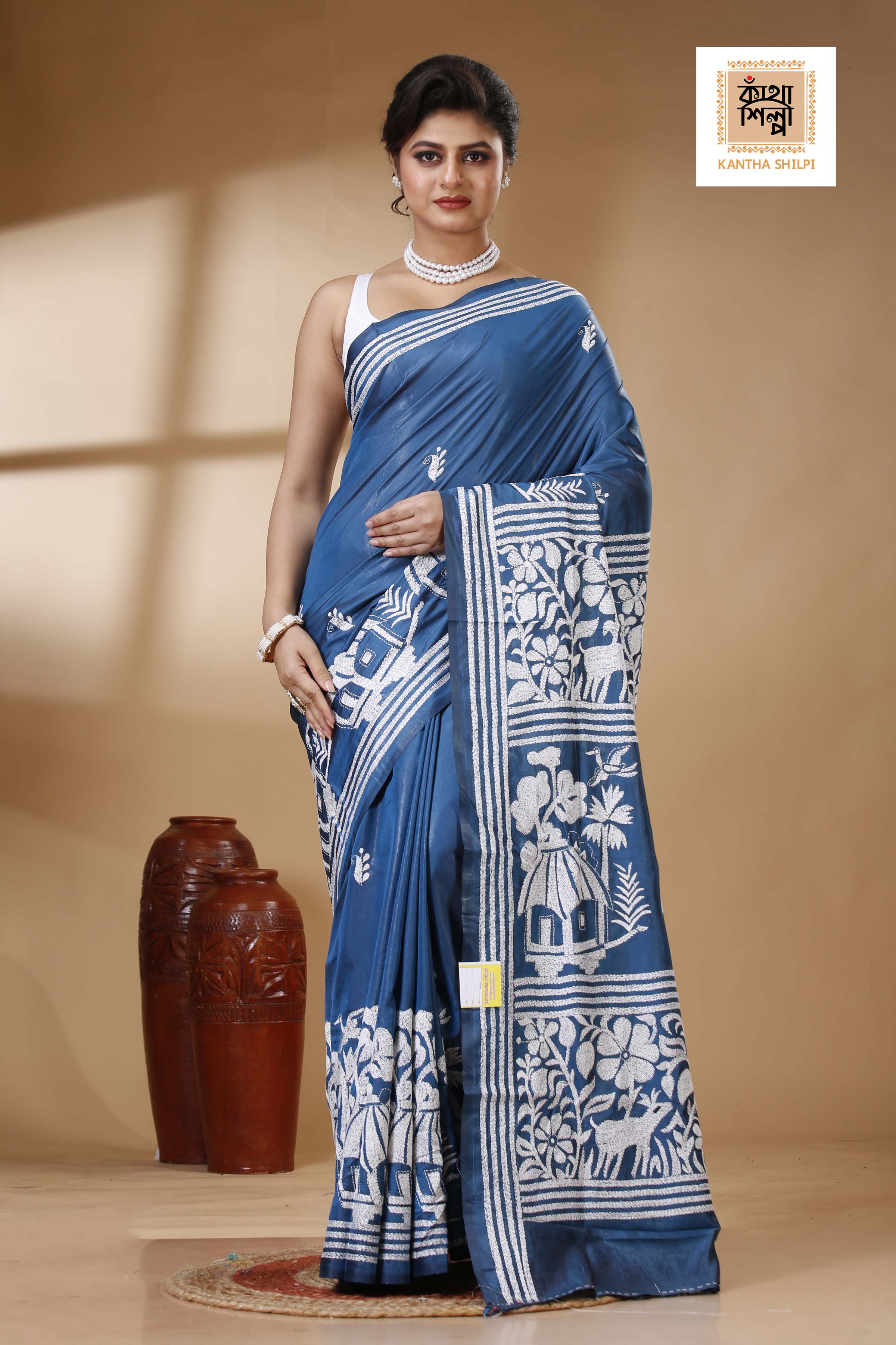 Light Navy Color Bangalore Silk White color Thread Work Kantha Stitch Saree