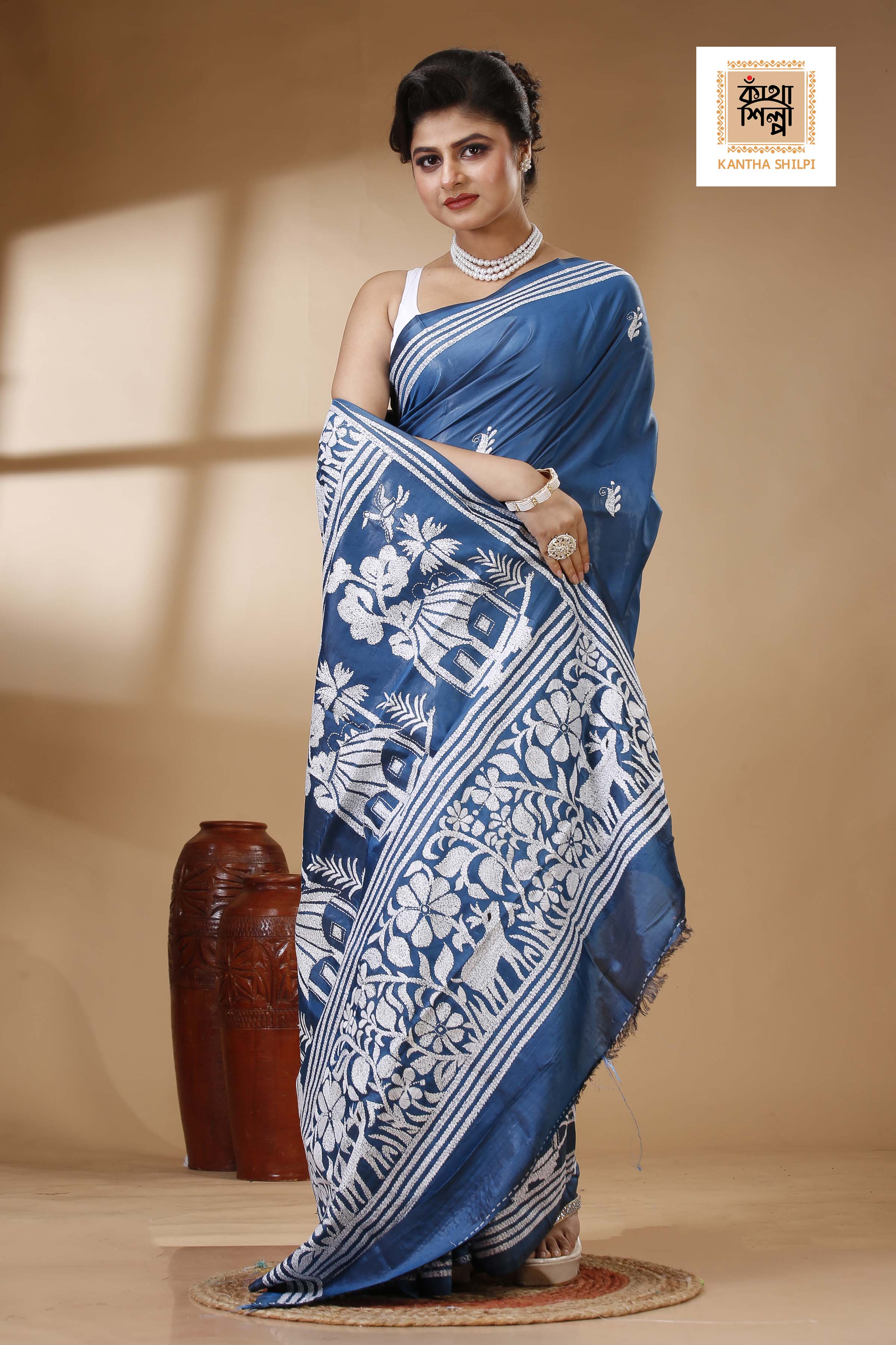 Light Navy Color Bangalore Silk White color Thread Work Kantha Stitch Saree