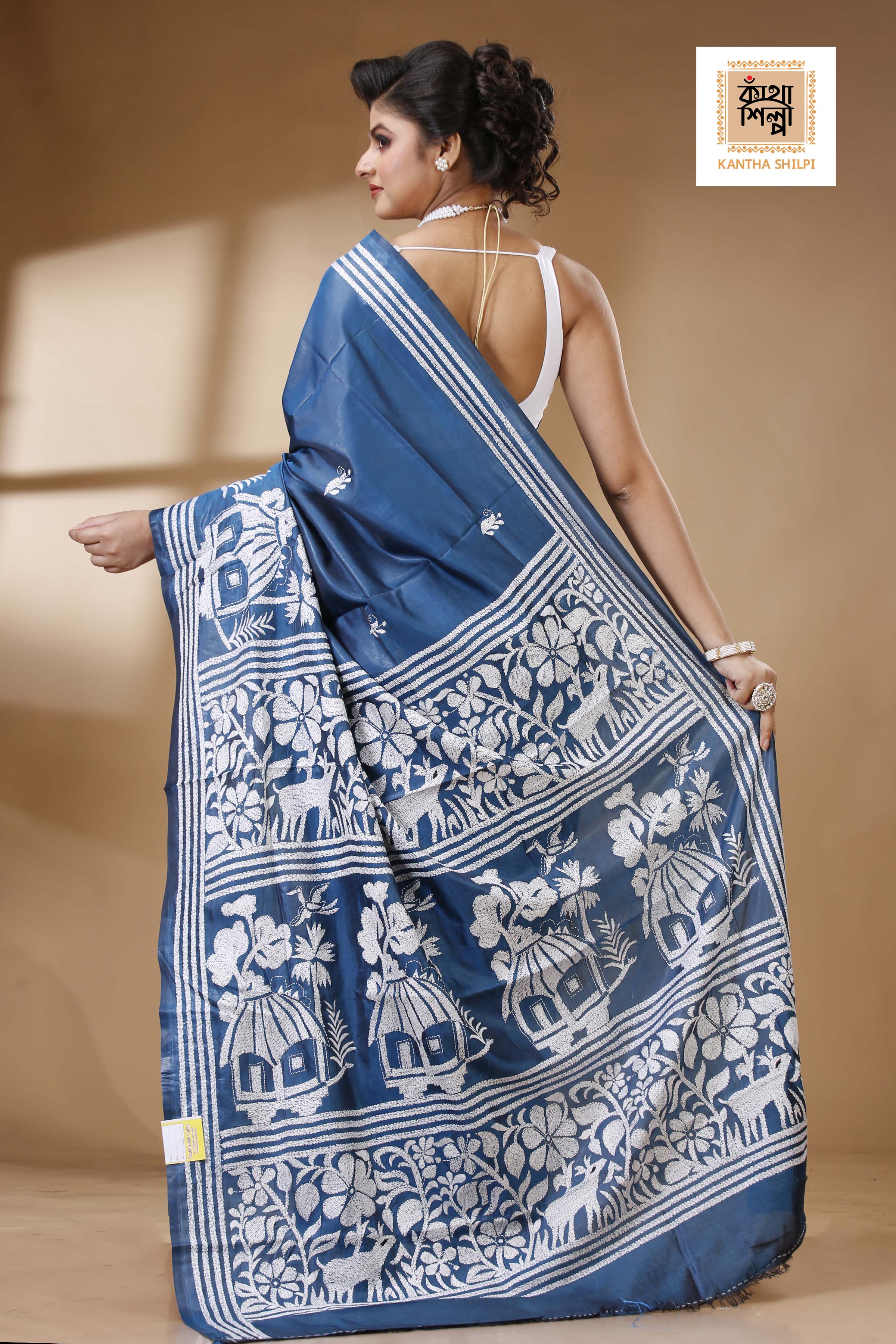 Light Navy Color Bangalore Silk White color Thread Work Kantha Stitch Saree