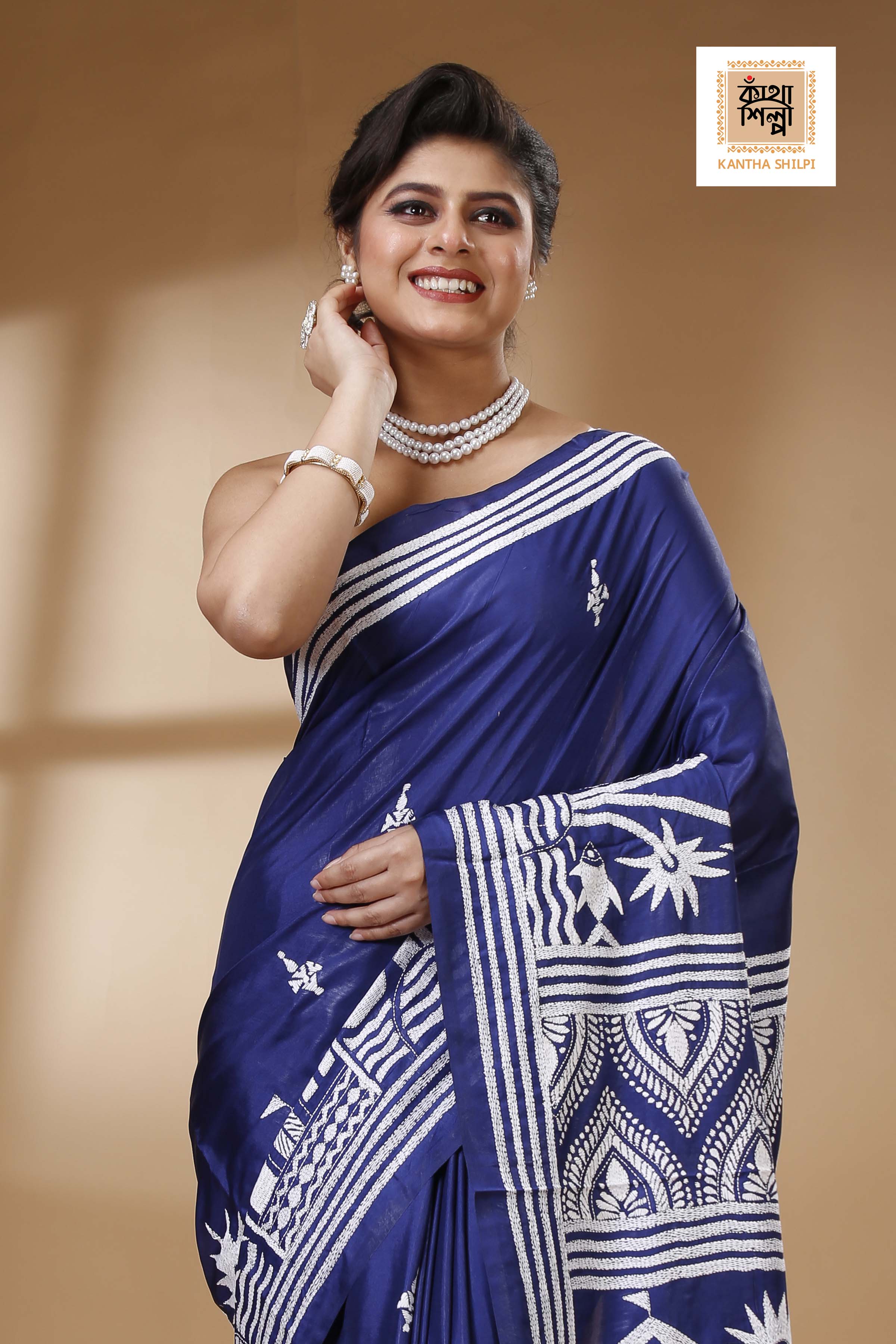 Blue Color Bangalore Silk White color Thread Work Kantha Stitch Saree
