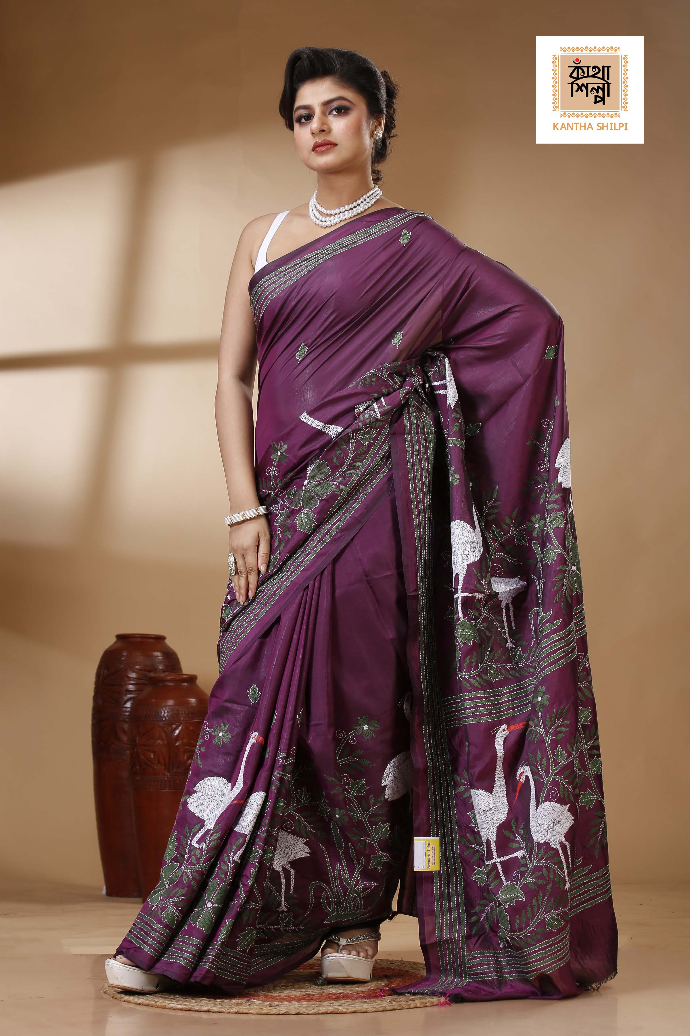 Maroon Color Bangalore Silk Multicolor Thread Work Kantha Stitch Saree