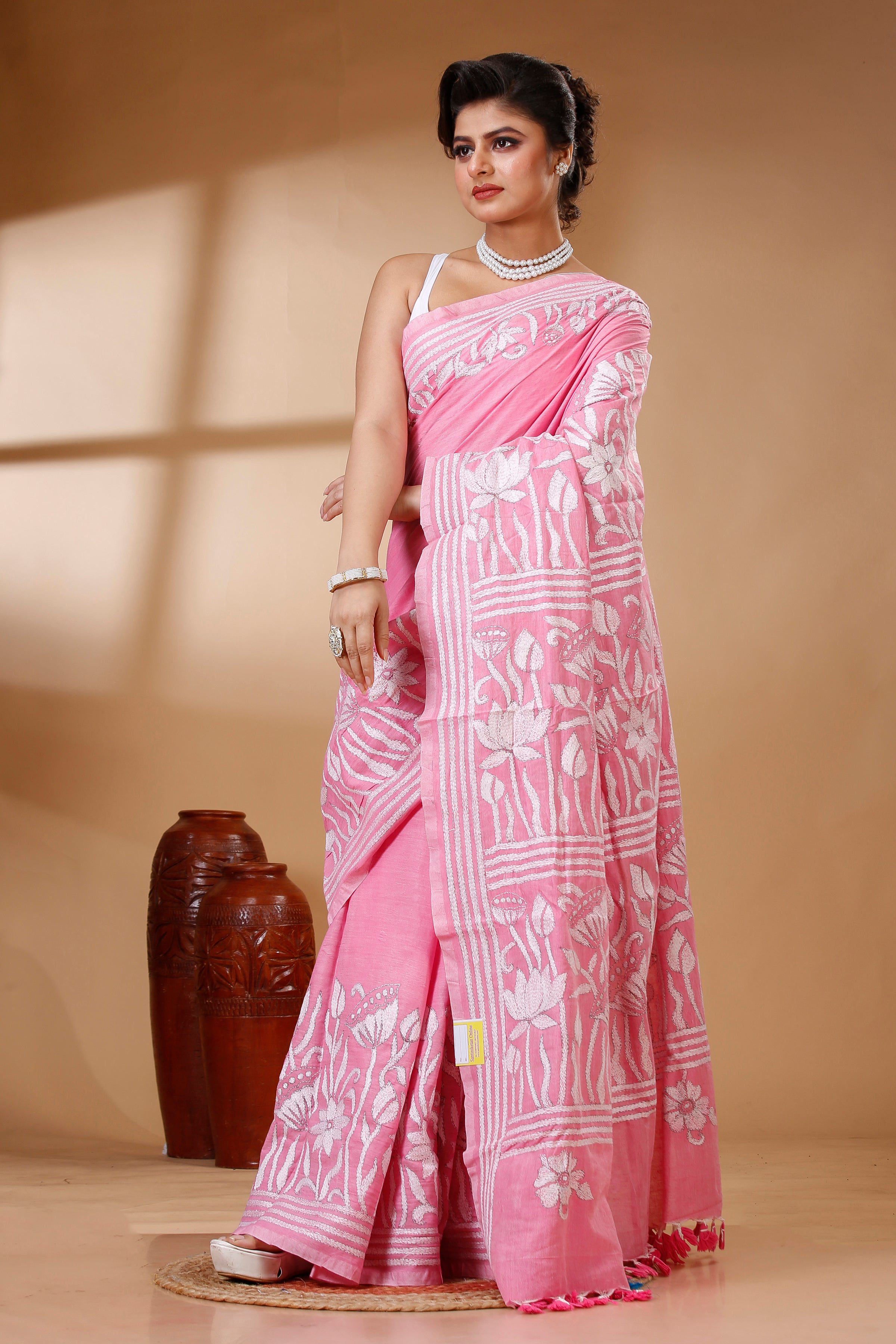 Pink Color Pure Cotton with White Thread Work Kantha Stitch Saree