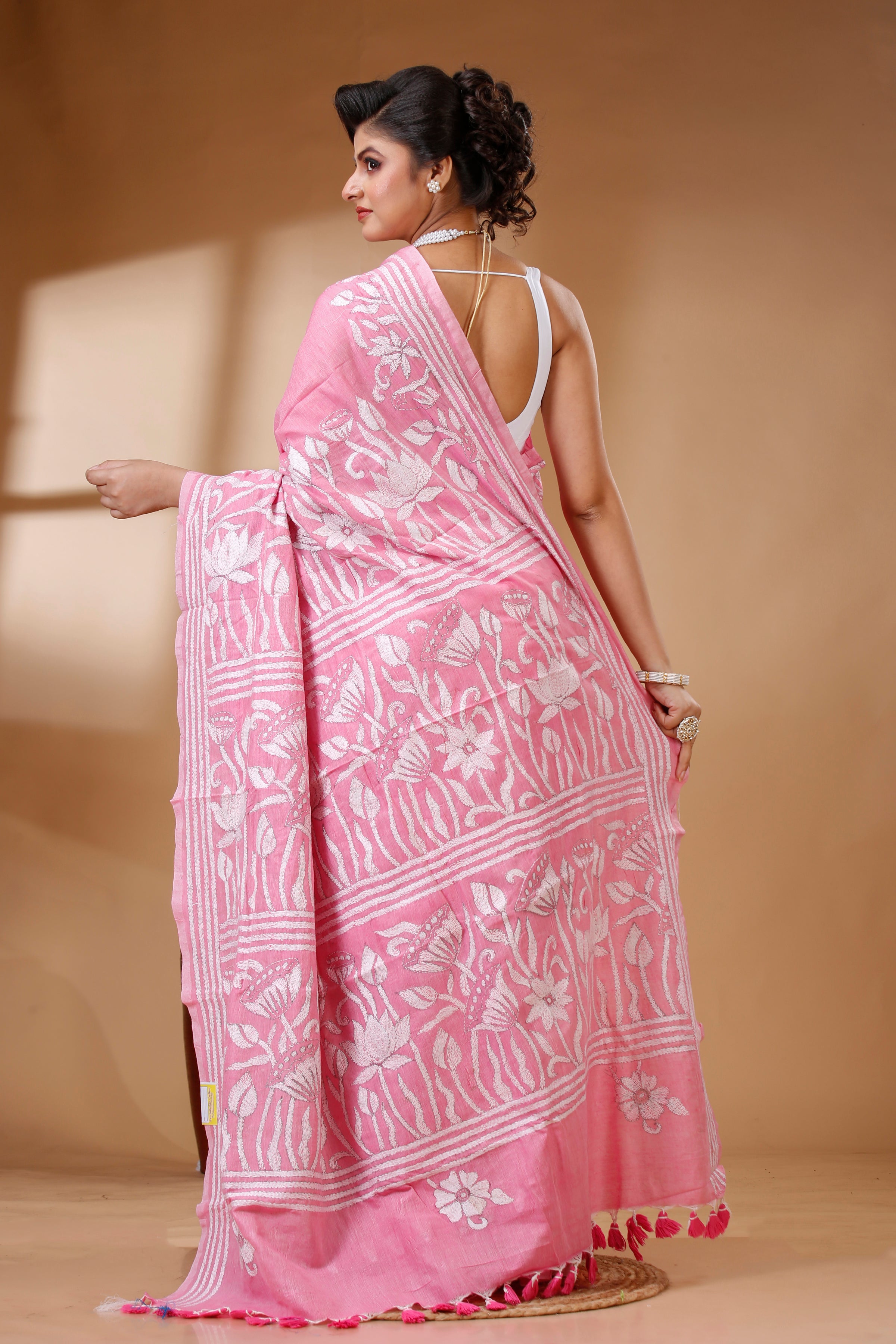 Pink Color Pure Cotton with White Thread Work Kantha Stitch Saree