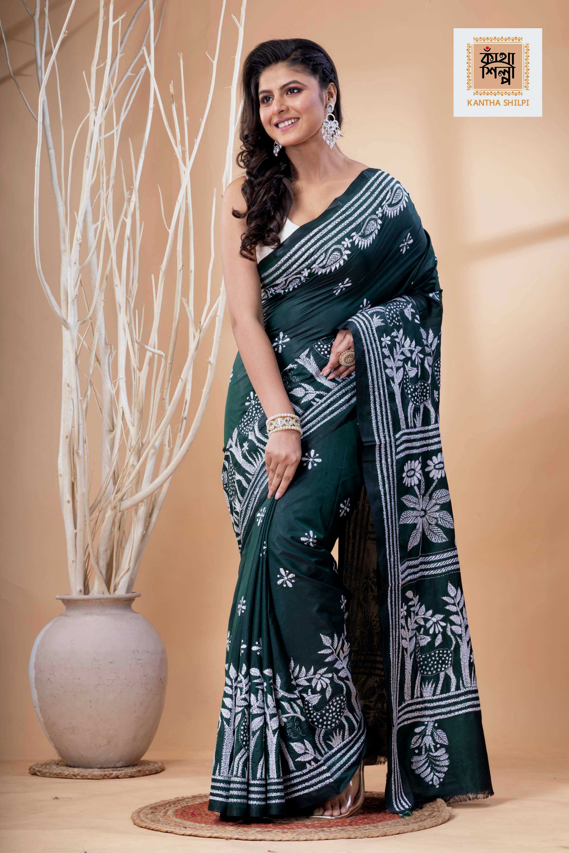 Dark Green Color Bangalore Silk White Color Thread Work Kantha Stitch Saree