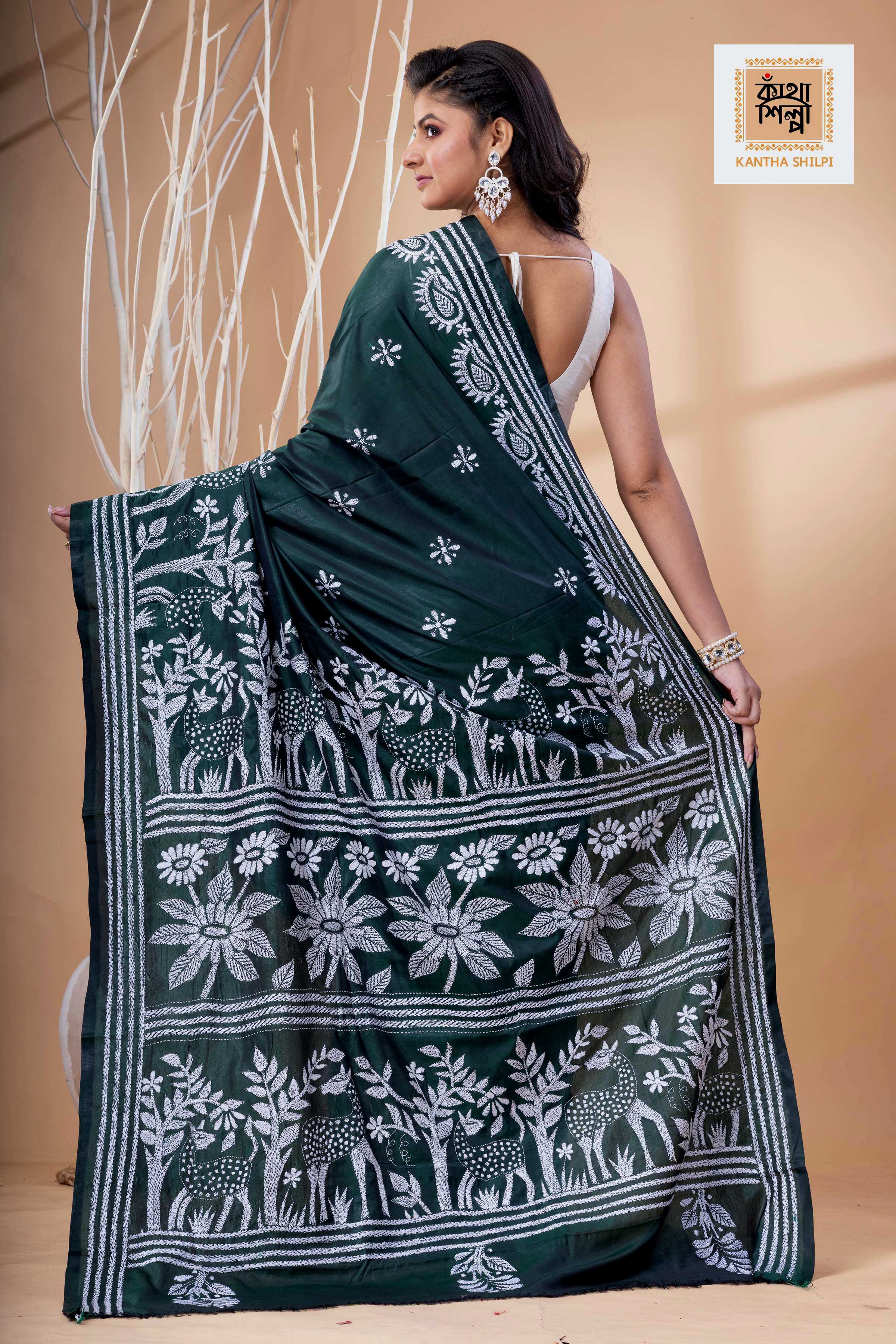 Dark Green Color Bangalore Silk White Color Thread Work Kantha Stitch Saree