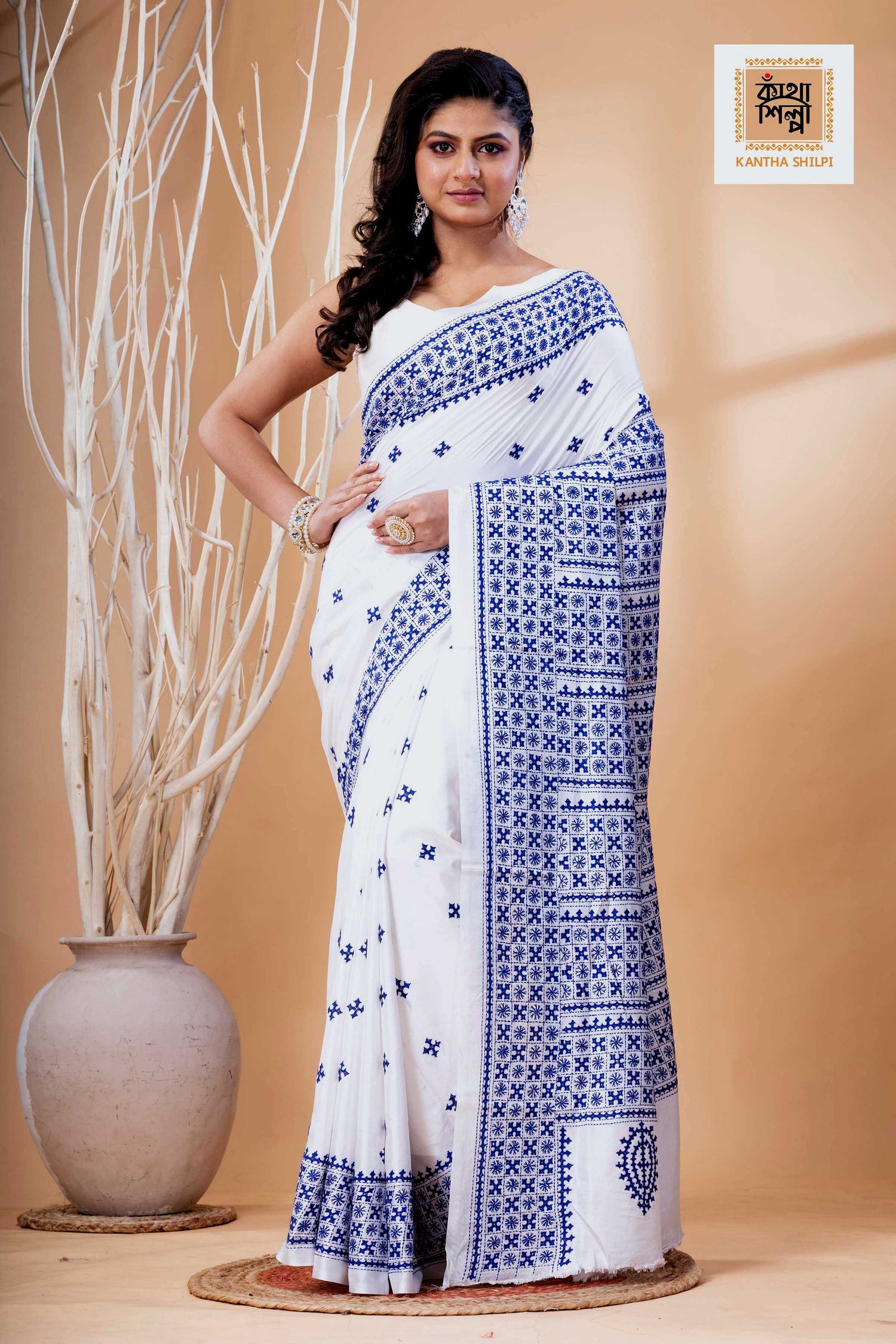 White Bangalore Silk Blue Thread Work Gujrati Stitch Saree