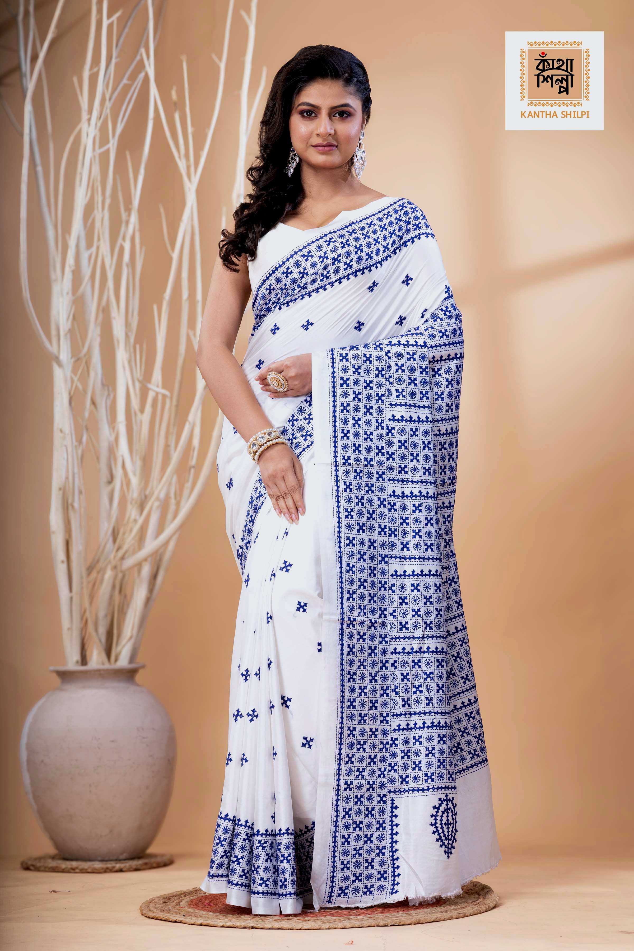 White Bangalore Silk Blue Thread Work Gujrati Stitch Saree