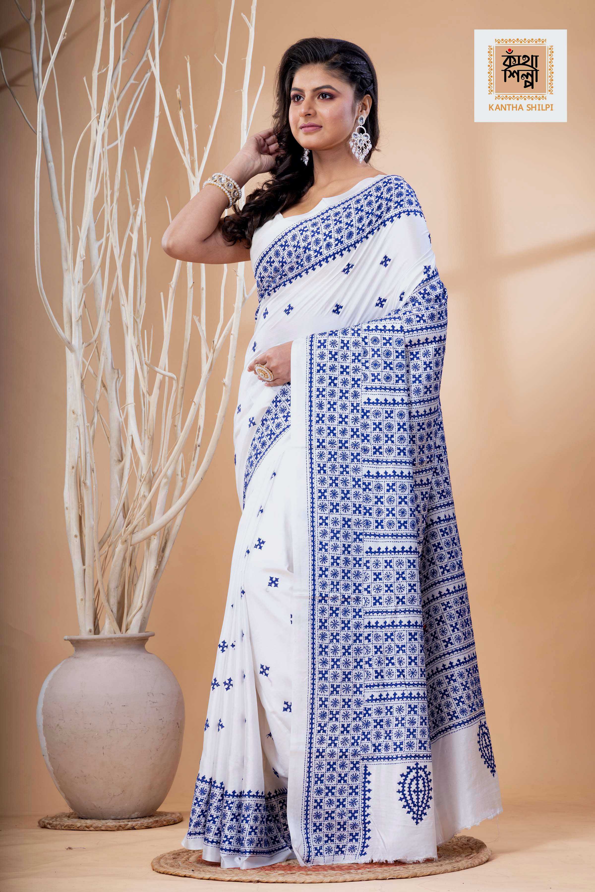 White Bangalore Silk Blue Thread Work Gujrati Stitch Saree