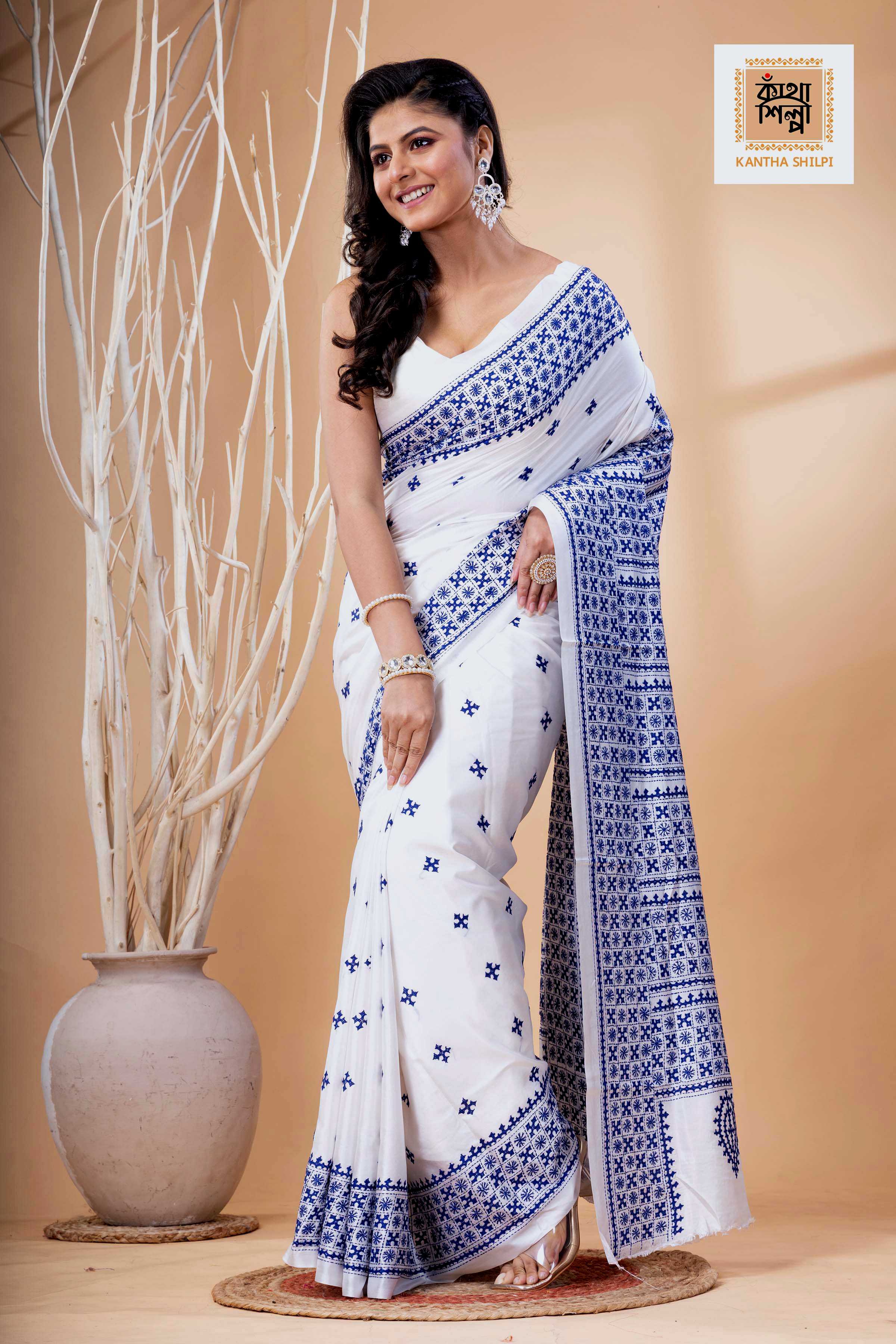 White Bangalore Silk Blue Thread Work Gujrati Stitch Saree