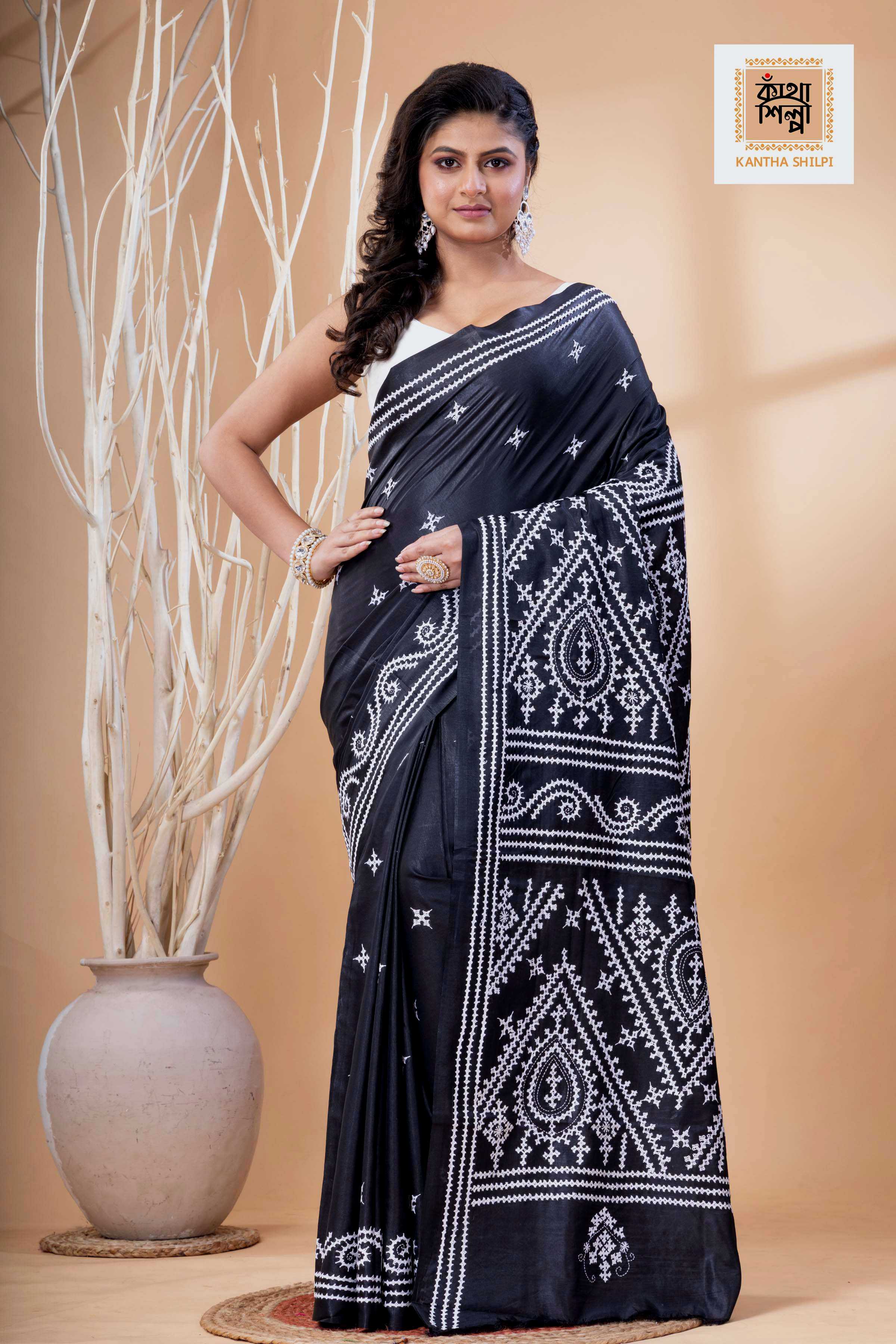 Black Bangalore Silk White Thread Work Gujrati Stitch Saree