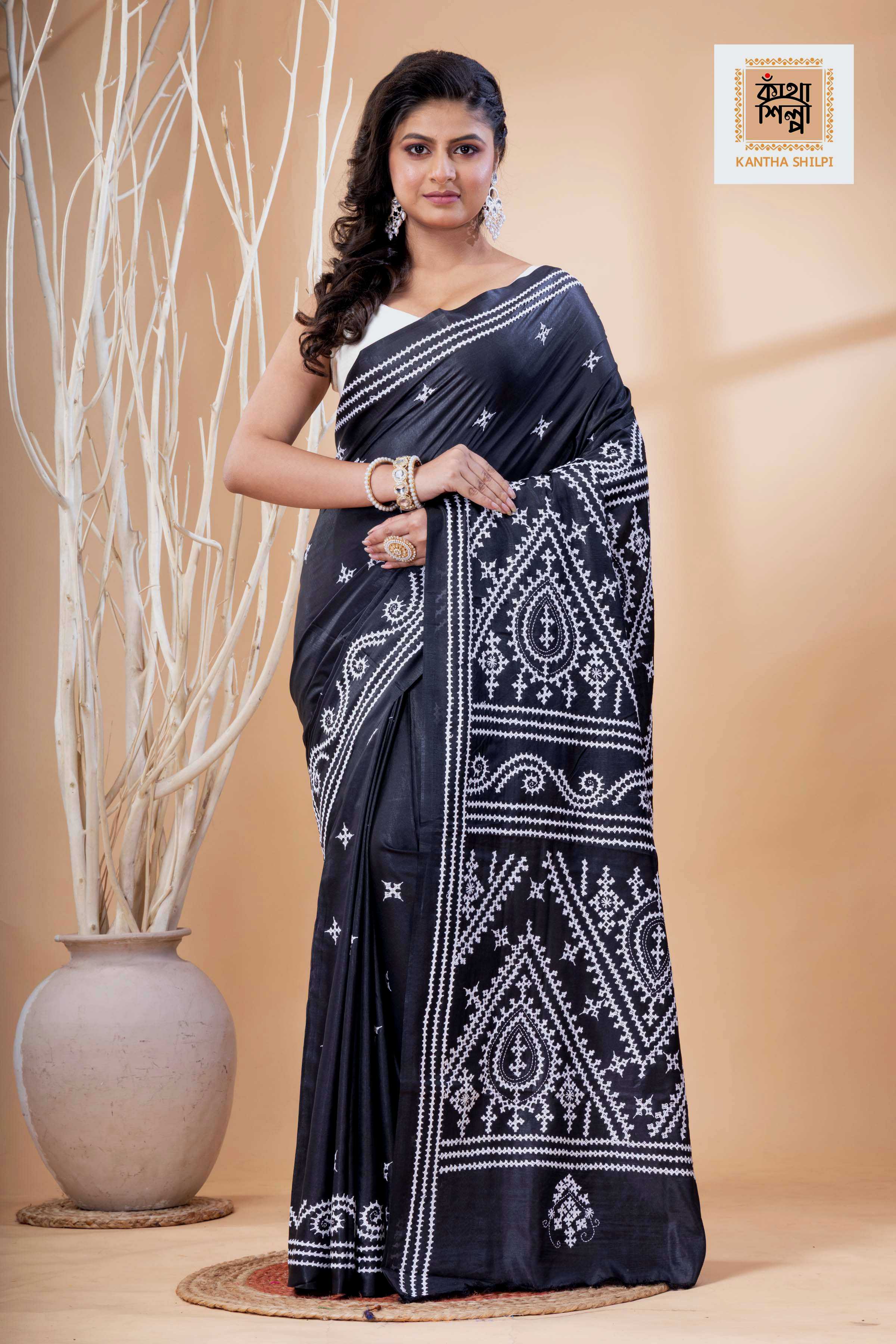 Black Bangalore Silk White Thread Work Gujrati Stitch Saree