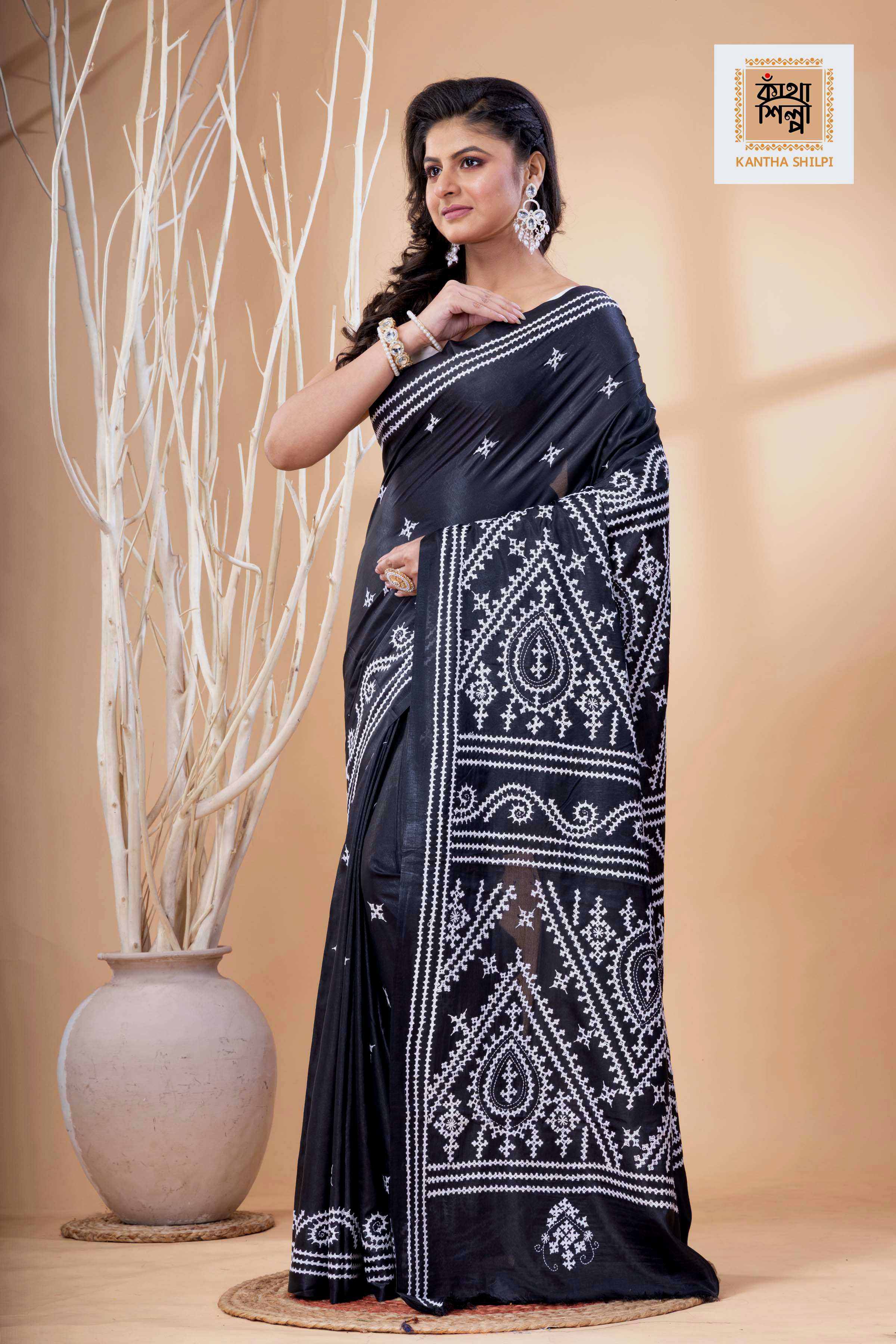 Black Bangalore Silk White Thread Work Gujrati Stitch Saree