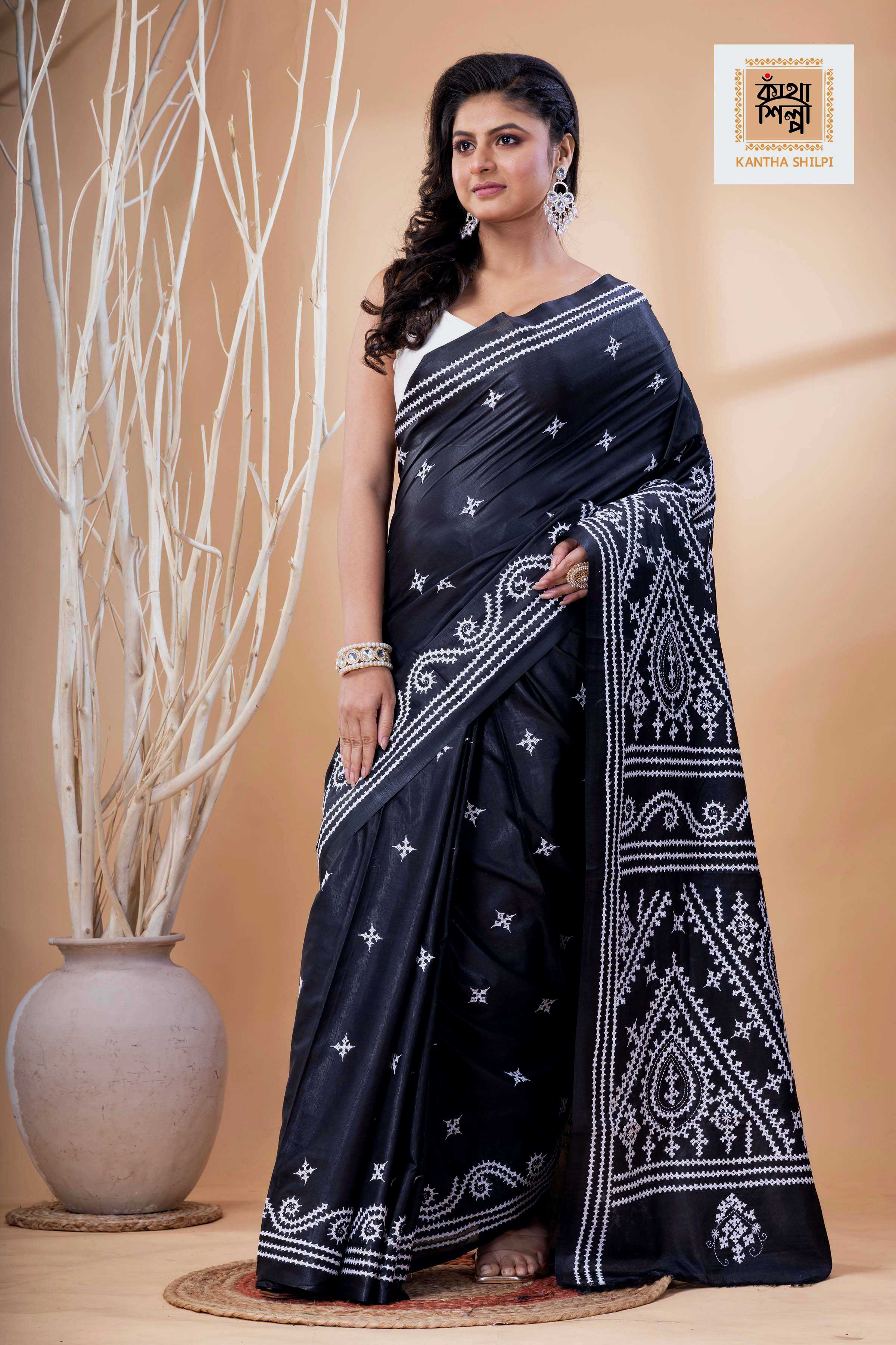 Black Bangalore Silk White Thread Work Gujrati Stitch Saree