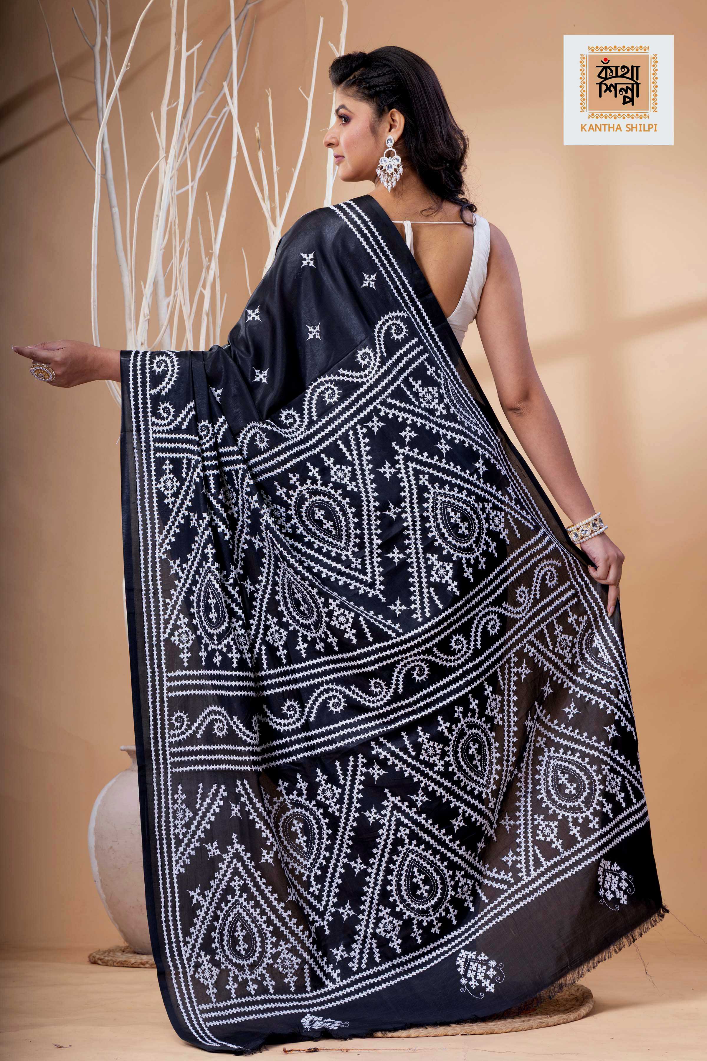Black Bangalore Silk White Thread Work Gujrati Stitch Saree