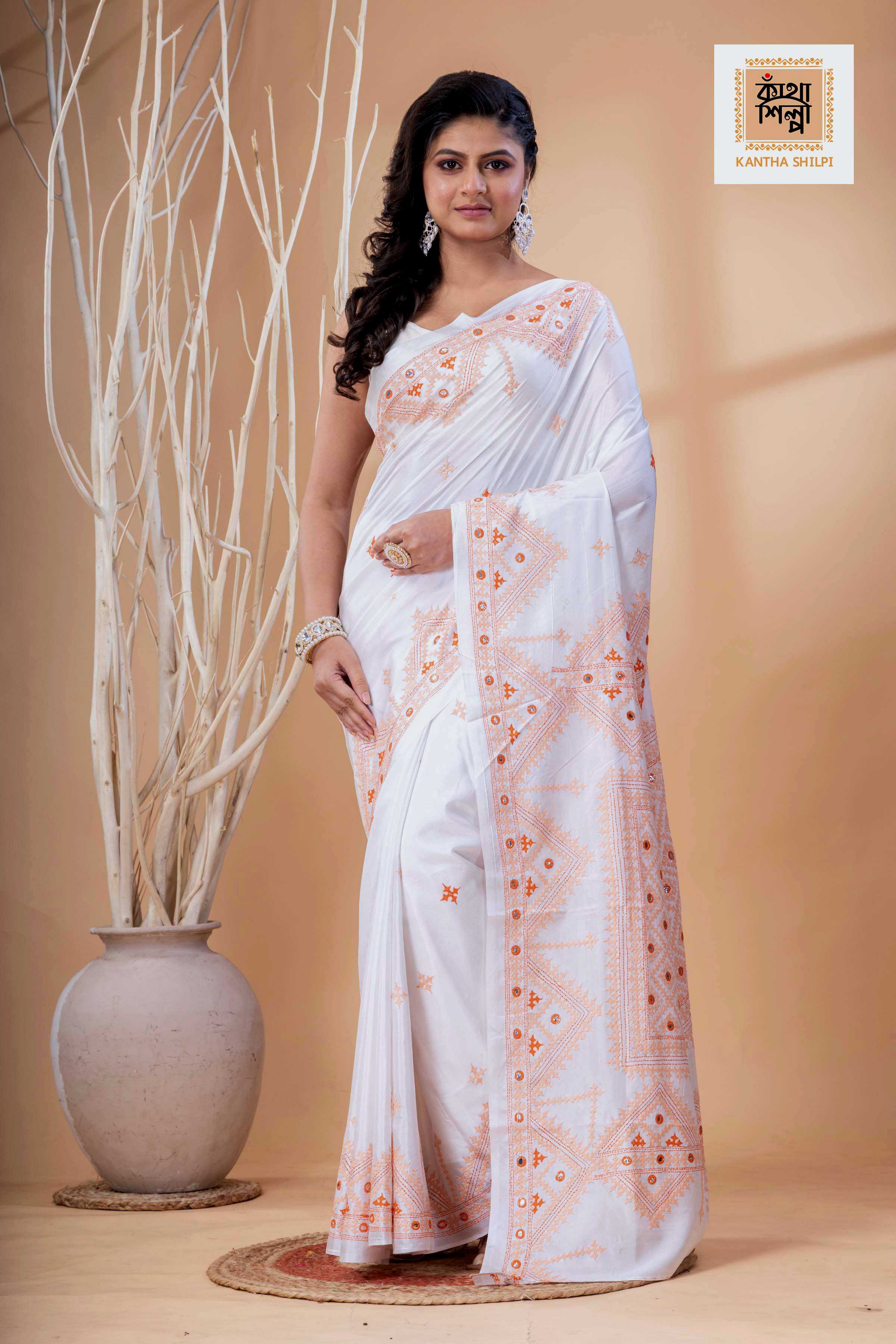 White Bangalore Silk Beige Thread Work Gujrati Stitch Saree