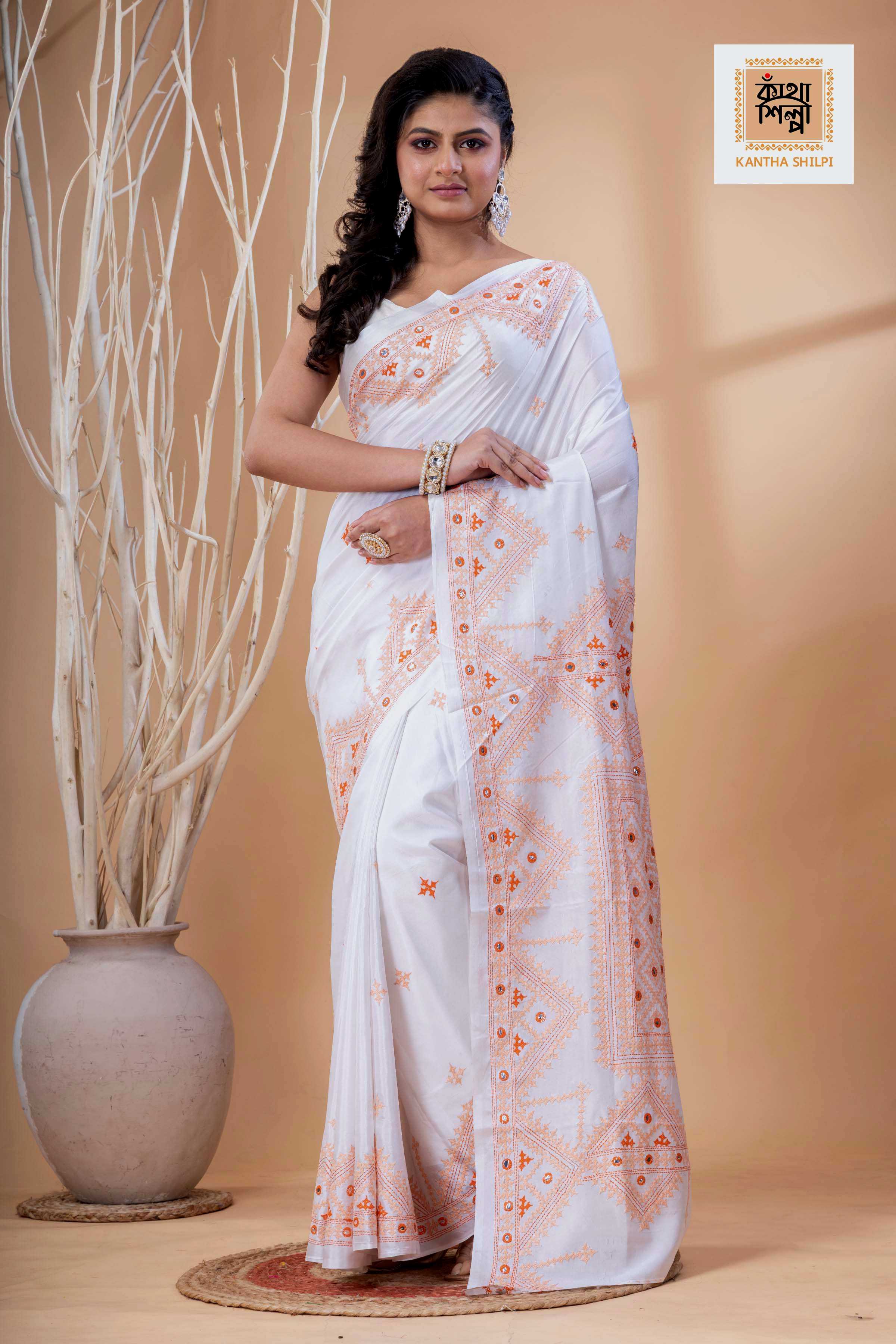 White Bangalore Silk Beige Thread Work Gujrati Stitch Saree