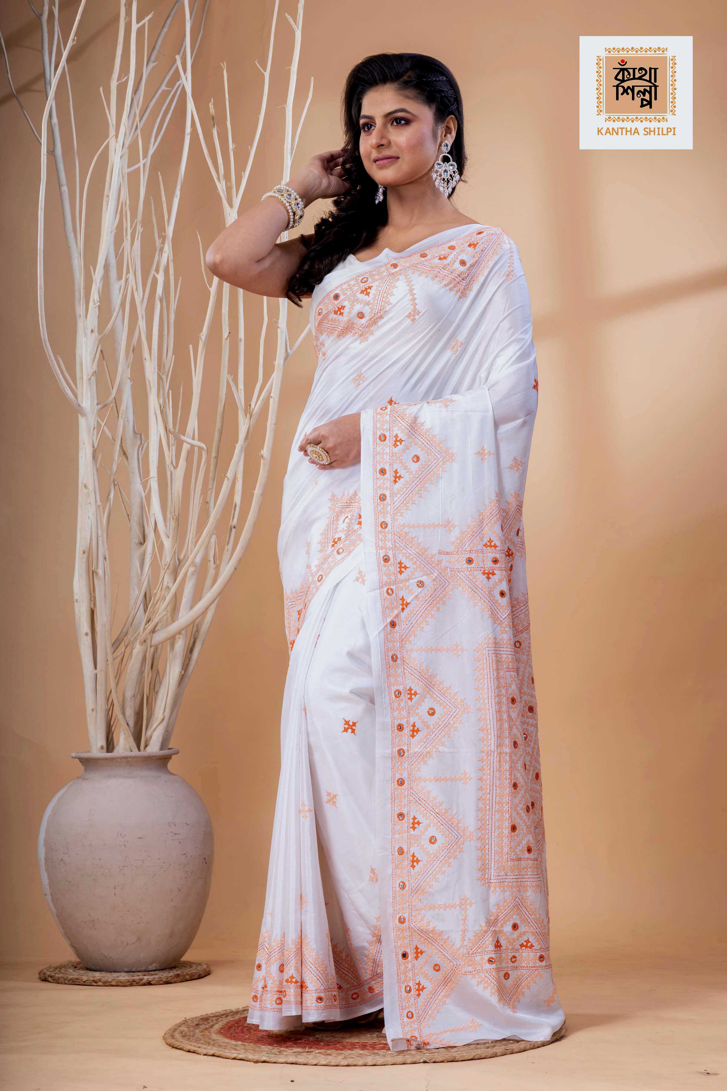 White Bangalore Silk Beige Thread Work Gujrati Stitch Saree