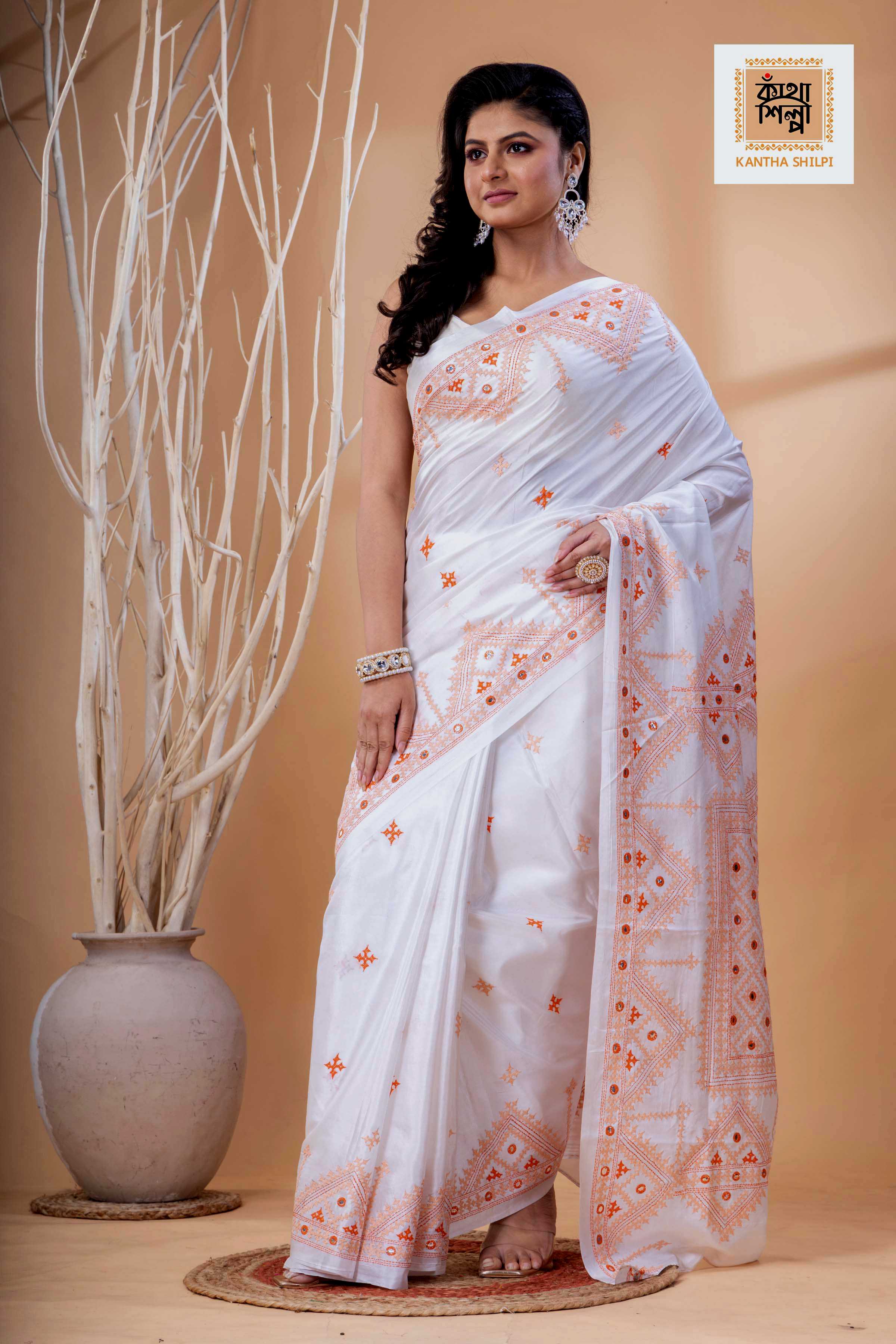 White Bangalore Silk Beige Thread Work Gujrati Stitch Saree