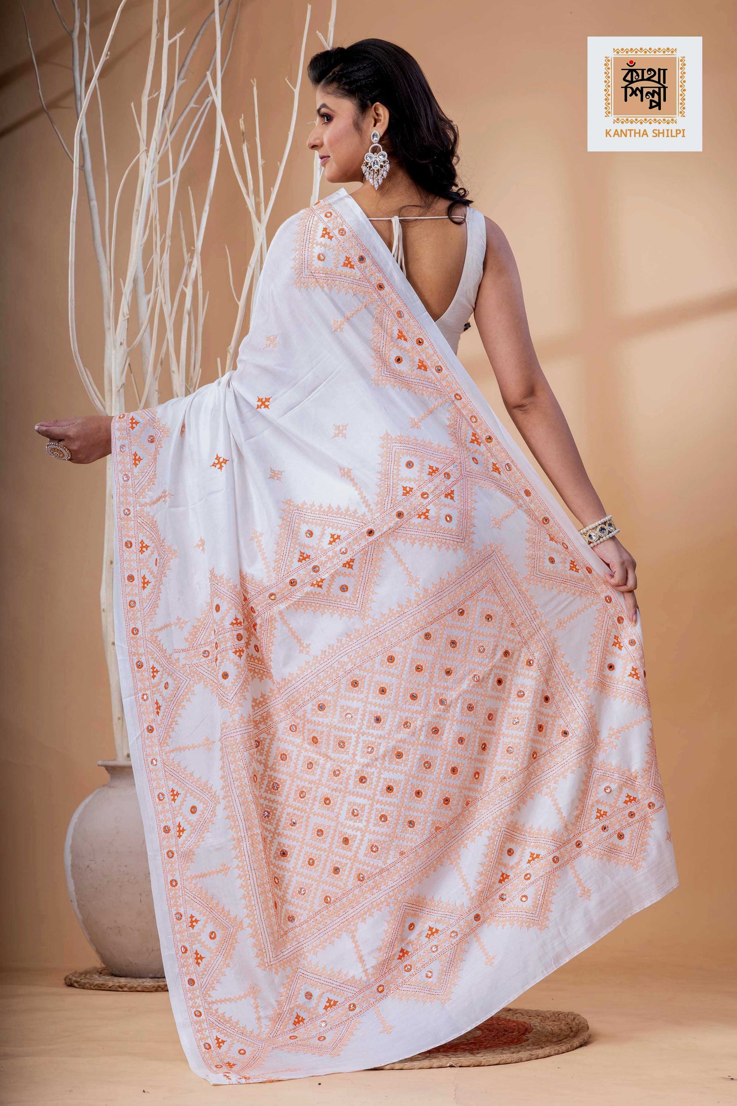 White Bangalore Silk Beige Thread Work Gujrati Stitch Saree