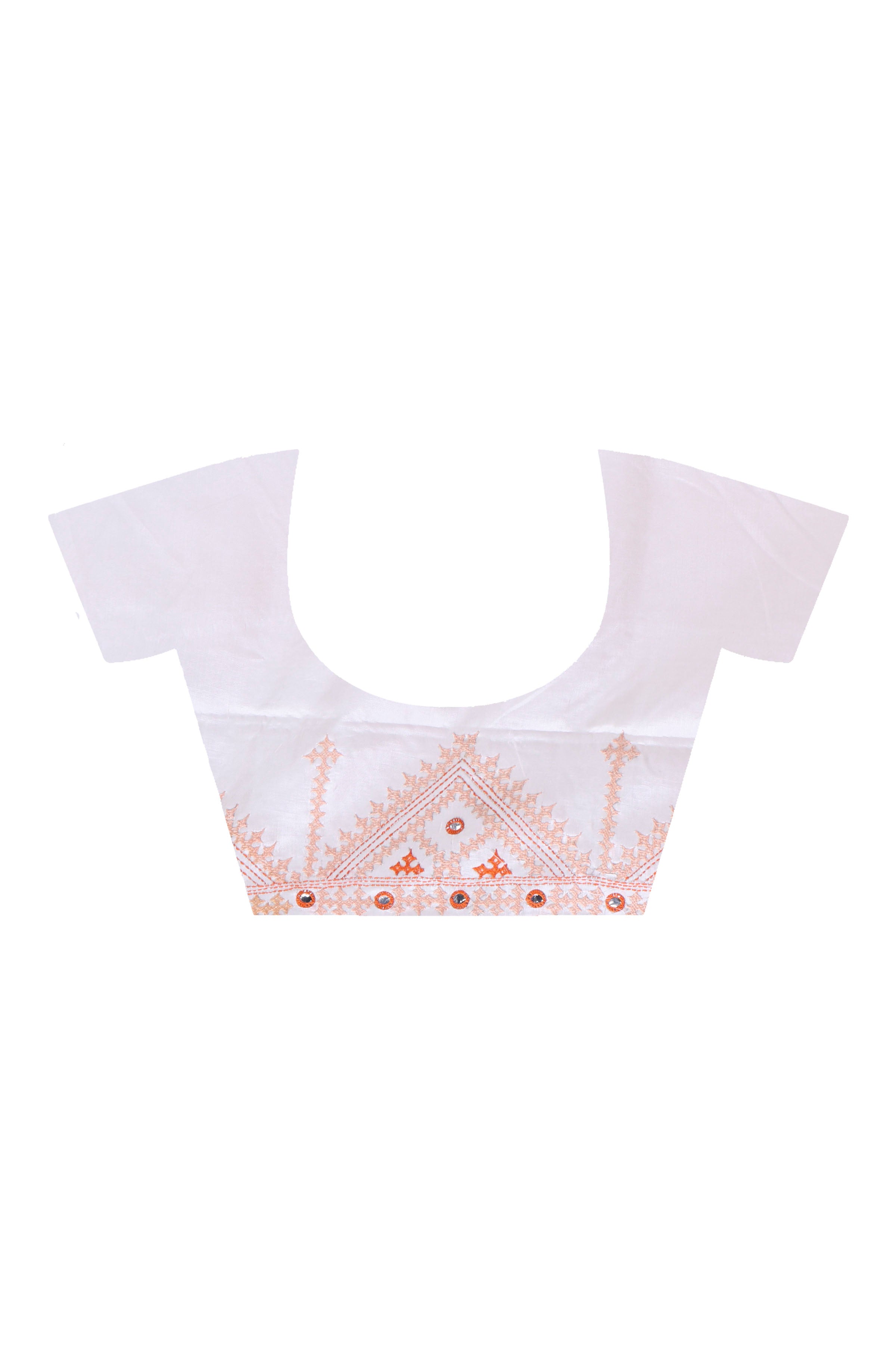 White Bangalore Silk Beige Thread Work Gujrati Stitch Saree