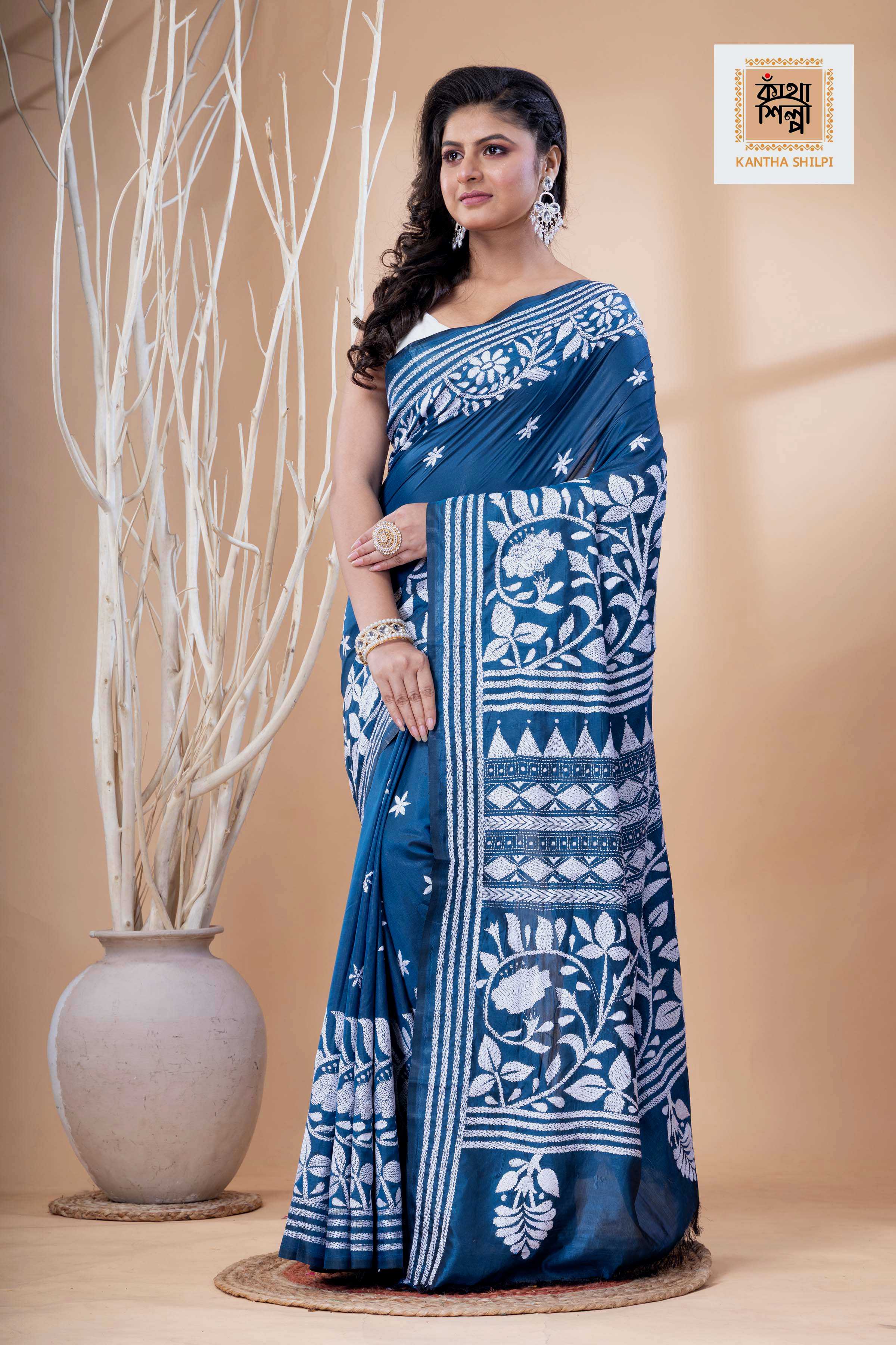 Light Navy Color Bangalore Silk White Color Thread Work Kantha Stitch Saree