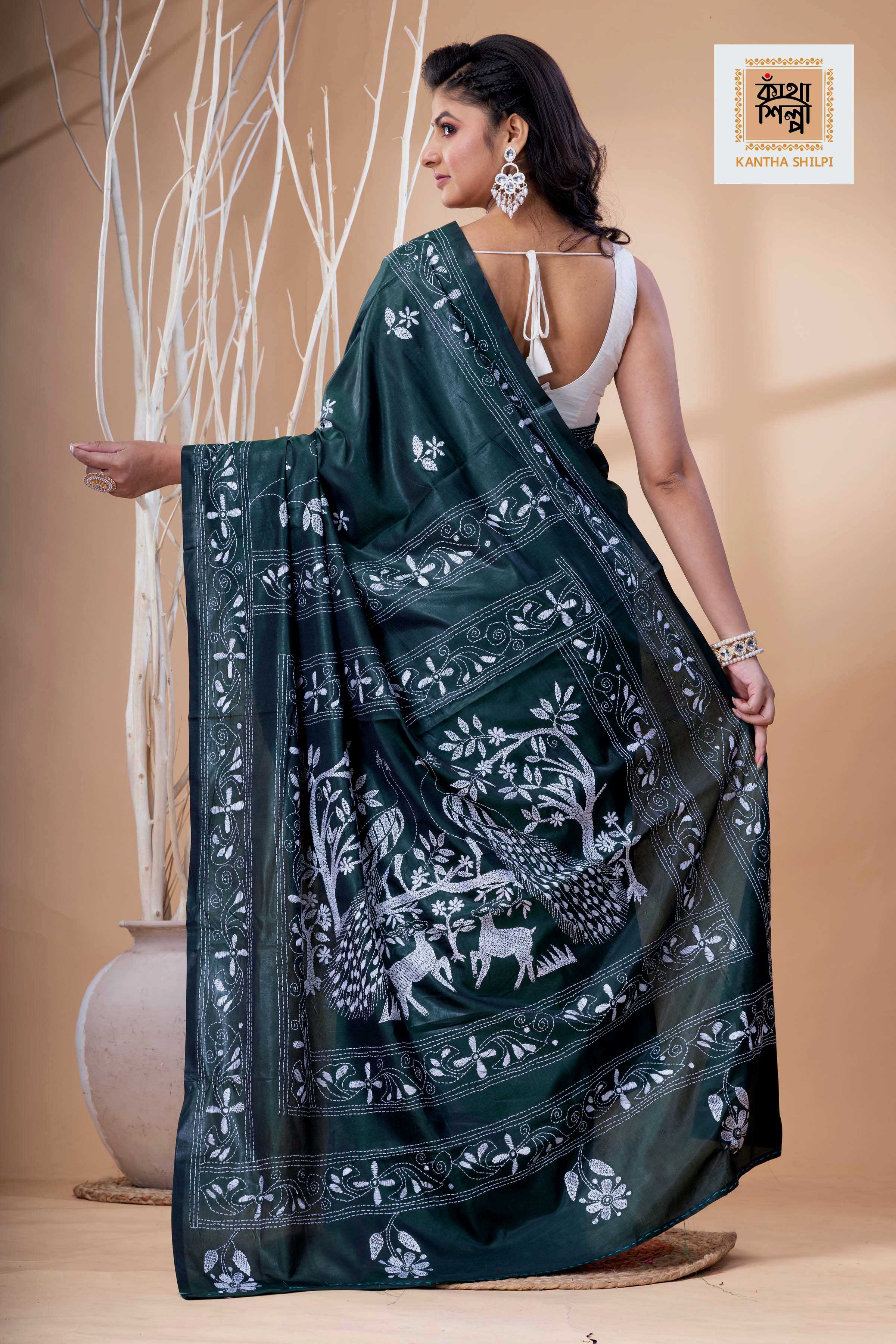 Dark Green Color Bangalore Silk White Color Thread Work Kantha Stitch Saree