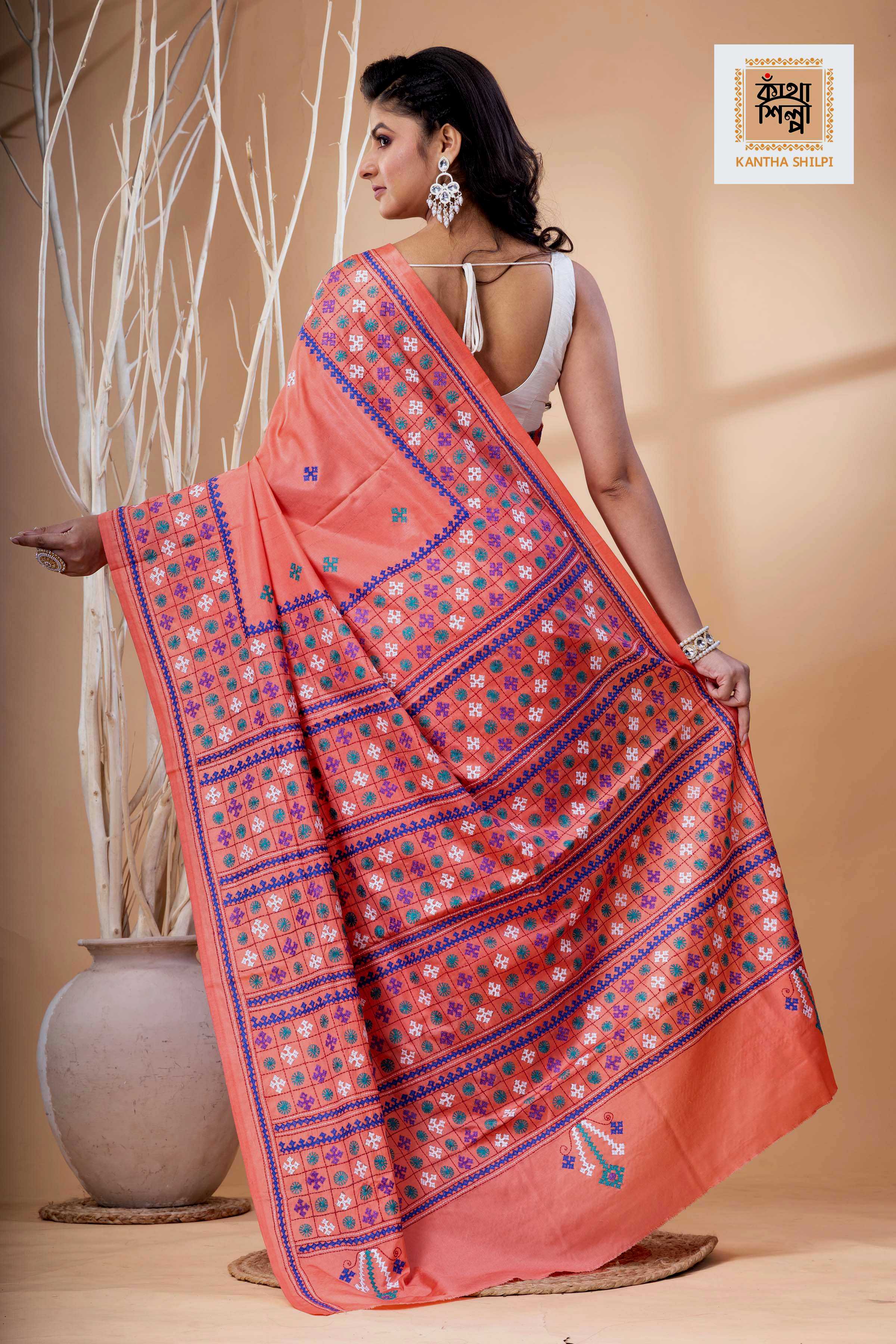 Carmine Pink Bangalore Silk Tri-color Thread Work Gujrati Stitch Saree